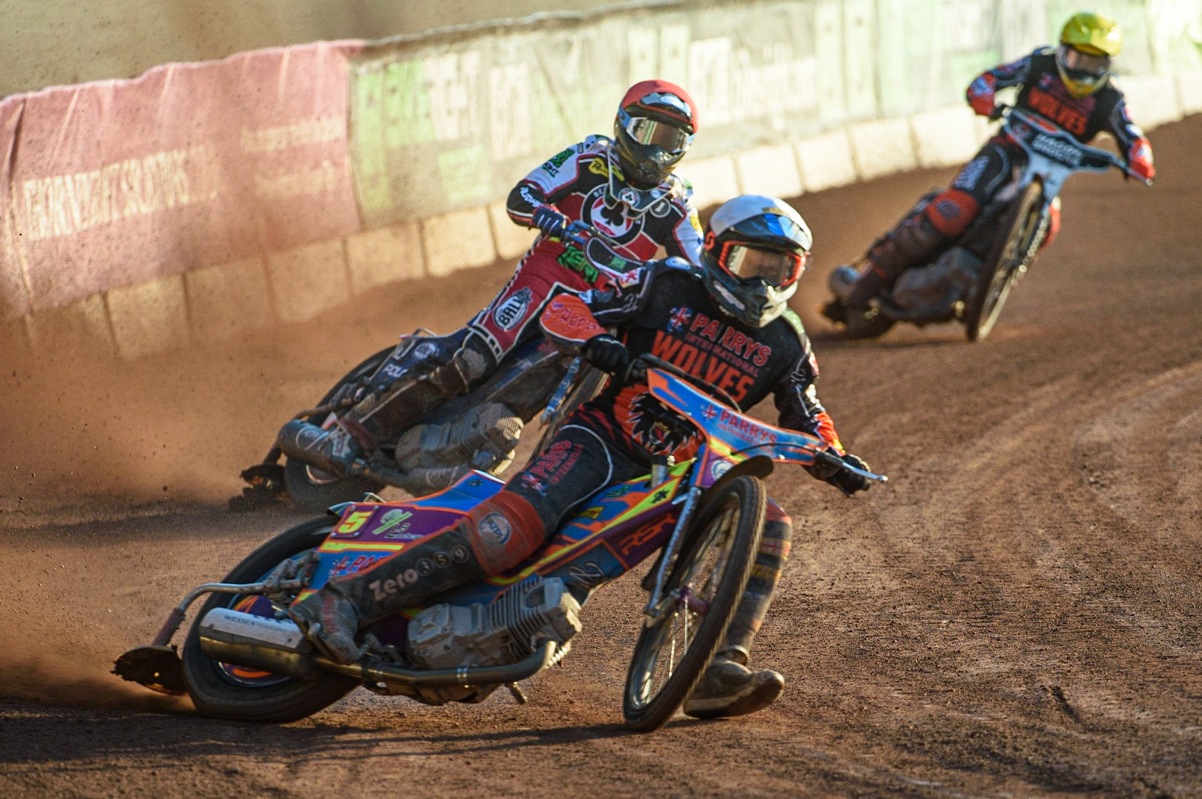 MANCHESTER, UK. JULY 15TH   Rory Schlein  (White) leads Brady Kurtz  (Red) and Broc Nicol  (Yellow)w during the SGB Premiership match between Belle Vue Aces and Wolverhampton Wolves at the National Speedway Stadium, Manchester on Thursday 15th July 2021. (Credit: Ian Charles | MI News)
