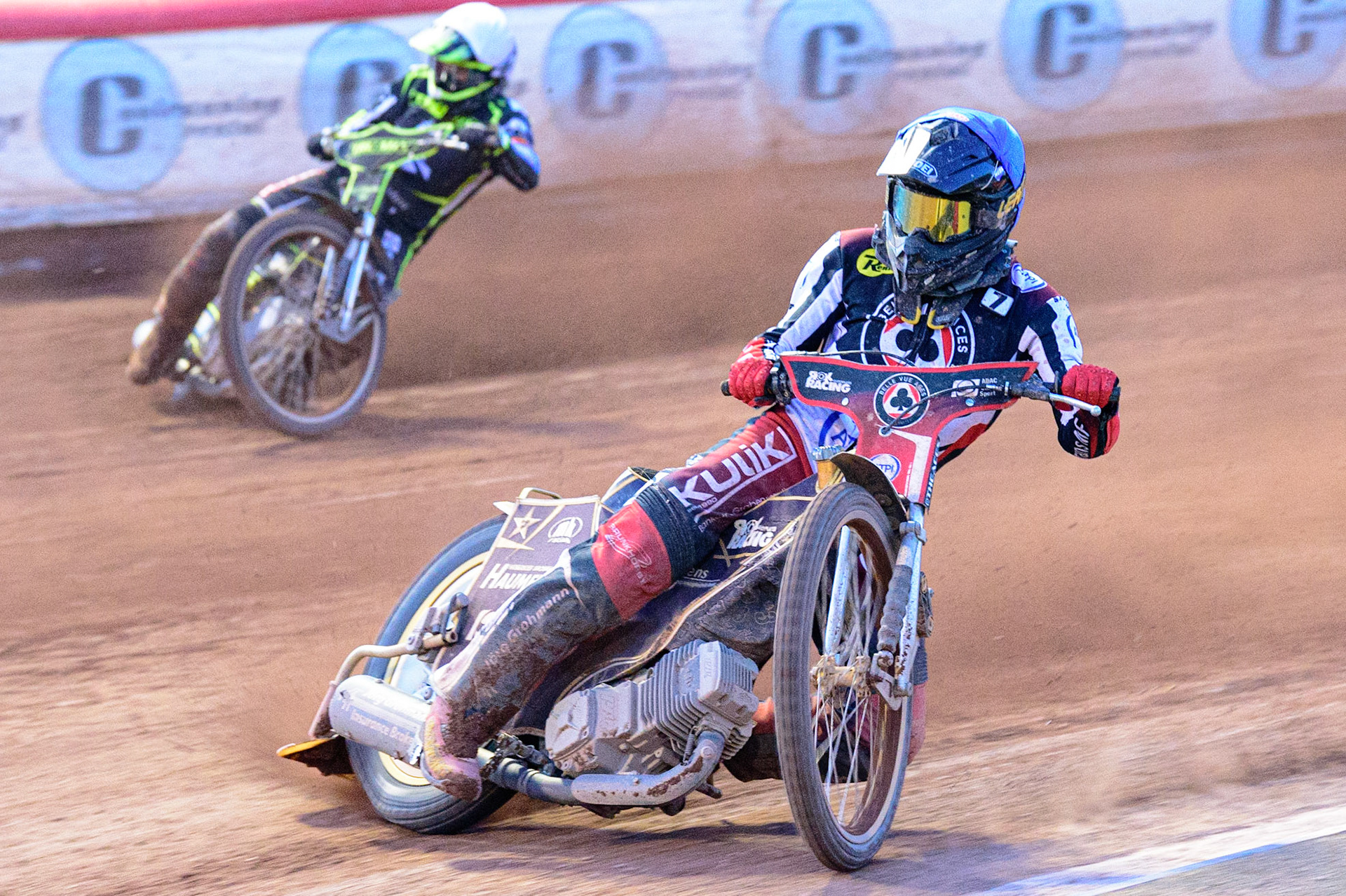 Norick Blodorn  (Blue) leads Danny King  (White) during the SGB Premiership match between Belle Vue Aces and Ipswich Witches at the National Speedway Stadium, Manchester on Monday 8th August 2022. (Credit: Ian Charles | MI News)