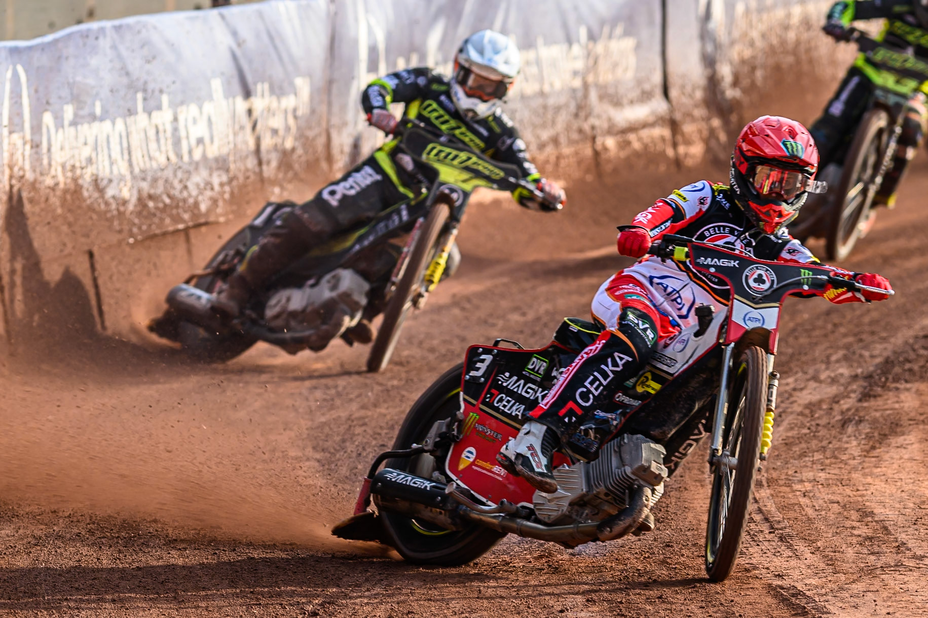 Belle Vue Aces' Jaimon Lidsey  in Red leading Ipswich Witches' Emil Saifutdinov  in White during the Rowe Motor Oil Premiership match between Belle Vue Aces and Ipswich Witches at the National Speedway Stadium, Manchester on Monday 30th June 2025. (Photo: Ian Charles | MI News)