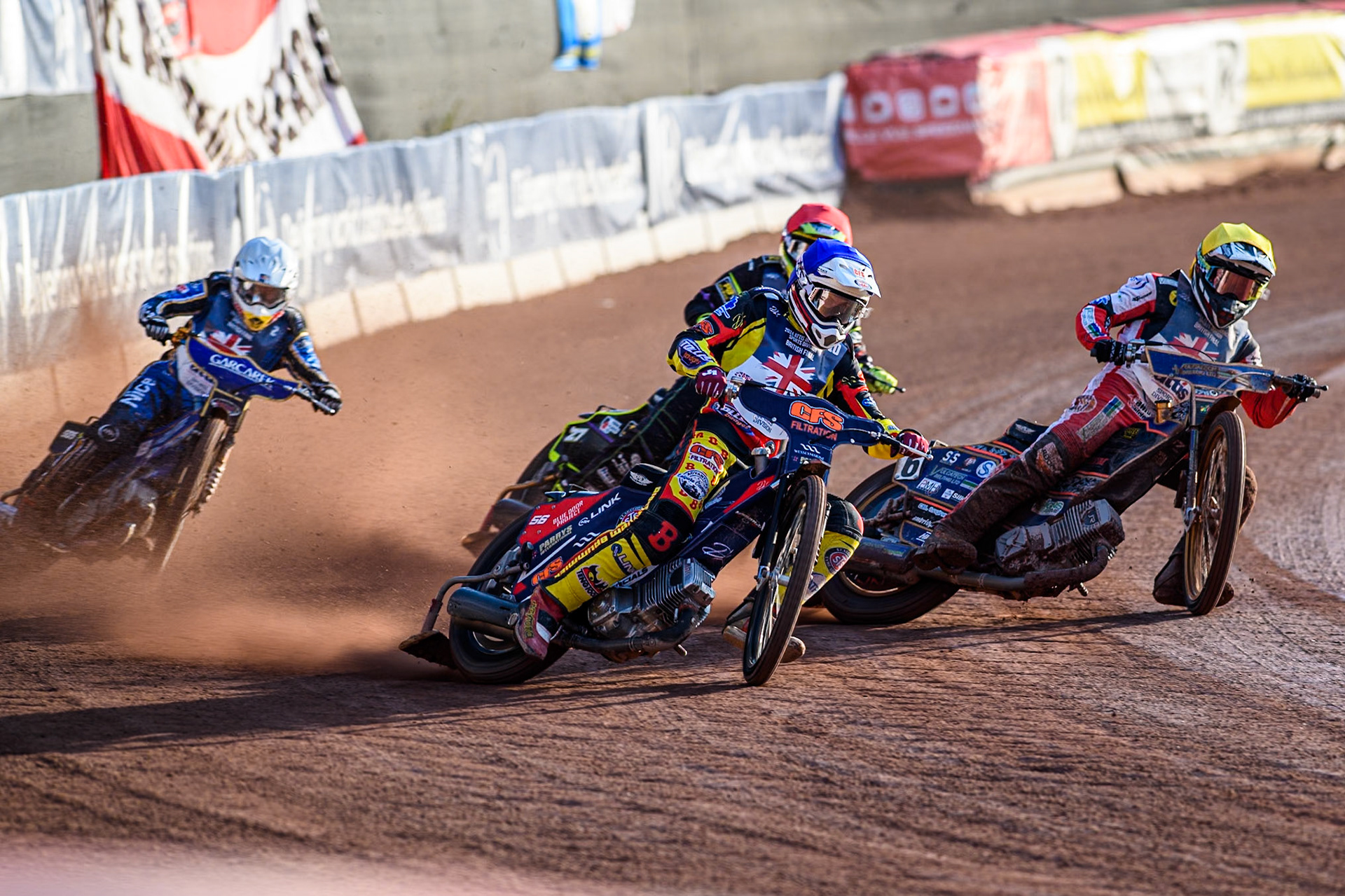 Steve Worrall in Blue leading Connor Mountain in Yellow, Charles Wright in Red and Robert Lambert in White during the Attis Insurance Sports Division British Speedway Championship Final at the National Speedway Stadium, Manchester on Saturday 8th June 2024. (Photo: Ian Charles | MI News)