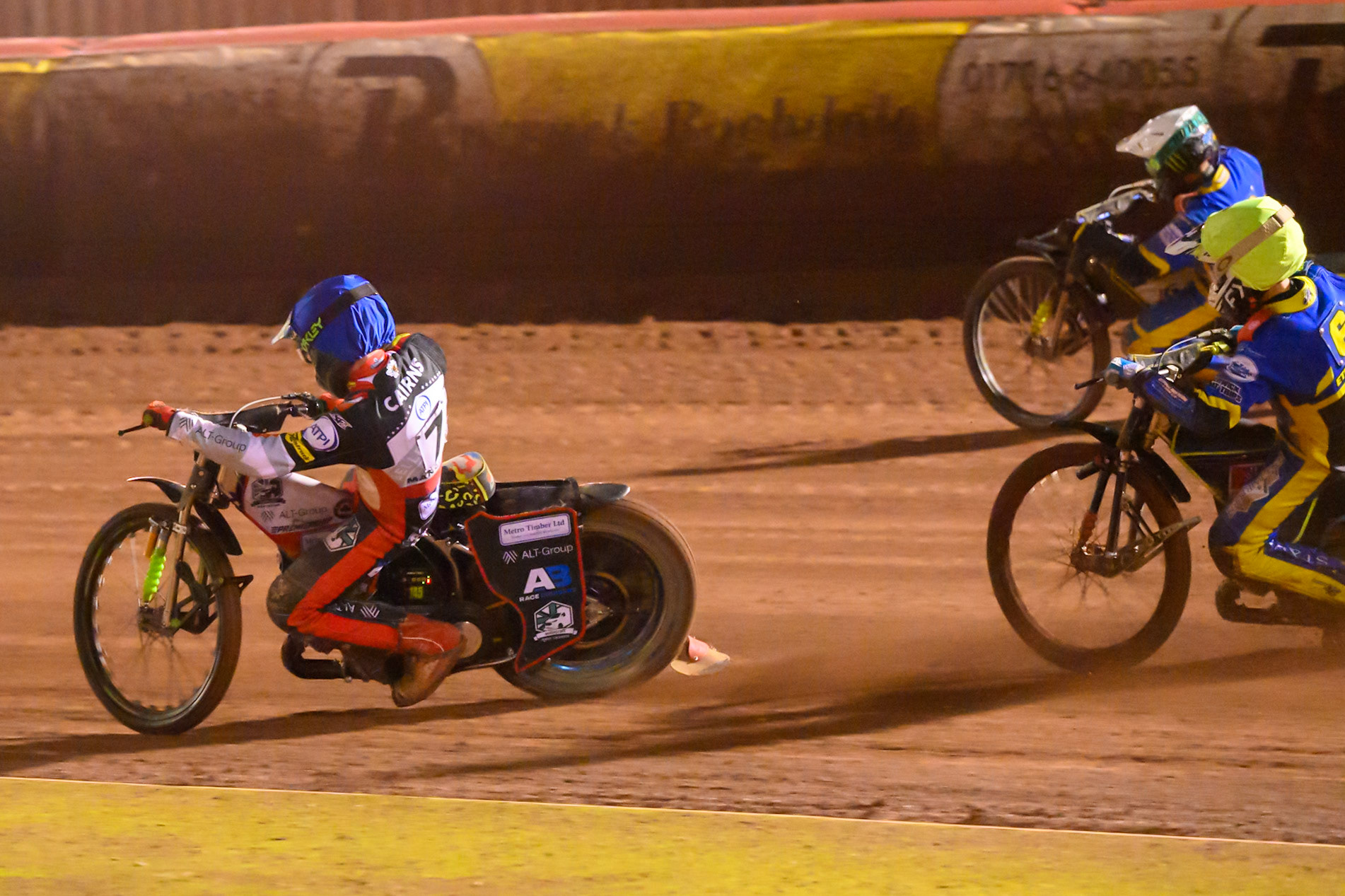 Will Cairns of Belle Vue Aces in Blue leading Jye Etheridge of Sheffield Tigers in Yellow  and Chris Holder of Sheffield Tigers in White during the Rowe Motor Oil Premiership Grand Final 2nd Leg between Belle Vue Aces and Sheffield Tigers at the National Speedway Stadium, Manchester on Friday 16th October 2026. (Photo: Ian Charles | MI News)