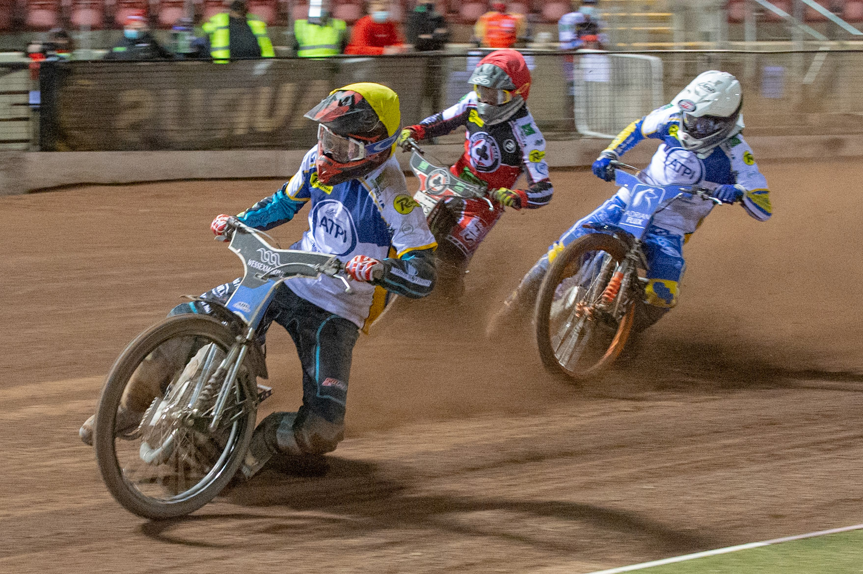 Photo: Ian CharlesJosh MacDonald of the 'ATPI' All Stars (Yellow) leads Jye Etheridge of Belle Vue 'BikeRight' Aces  (Red) and Lewis Kerr of the 'ATPI' All Stars (White)Belle Vue ‘Bikerite ’Aces v ‘ATPI’ All Stars, Premiership Challenge, National Speedway Stadium, Manchester Thursday  24  September  2020