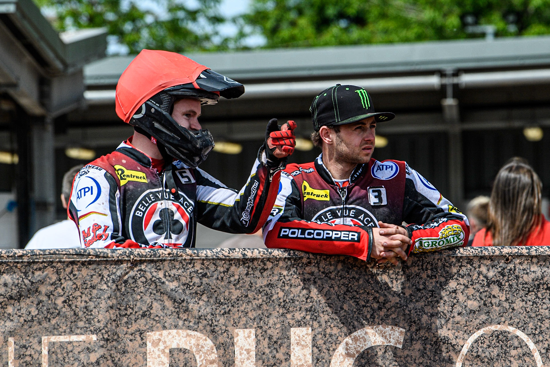Brady Kurtz (left) chats with Jaimon Lidsey during the Sports Insure Premiership match between Belle Vue Aces and Wolverhampton Wolves at the National Speedway Stadium, Manchester on Monday 29th May 2023. (Photo: Ian Charles | MI News)