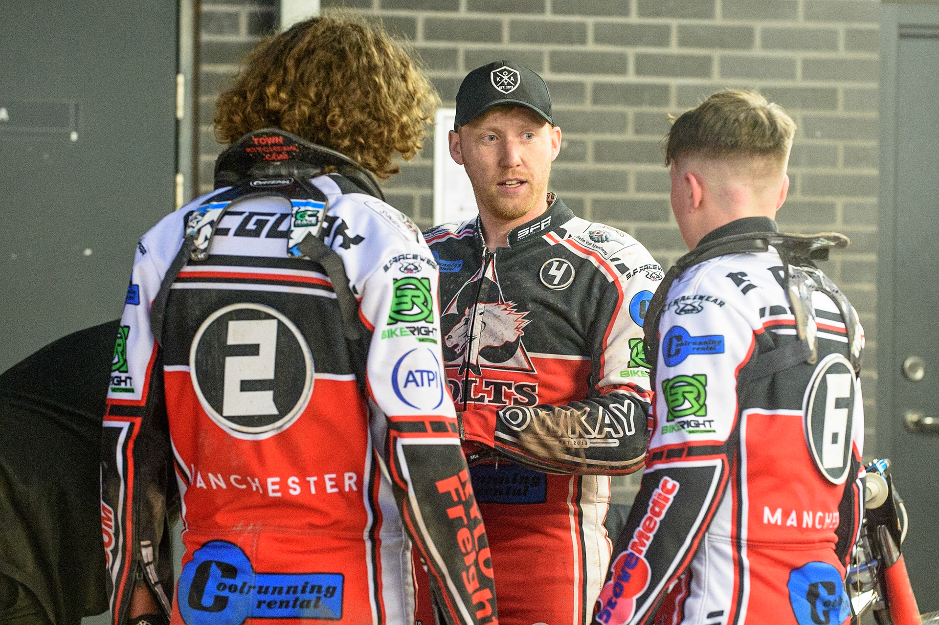MANCHESTER, UK. JULY 29TH  Harry McGurk (left) and Sam McGurk  (right) with Paul Bowen   during the National Development League match between Belle Vue Colts and Leicester Lion Cubs at the National Speedway Stadium, Manchester on Thursday 29th July 2021. (Credit: Ian Charles | MI News)