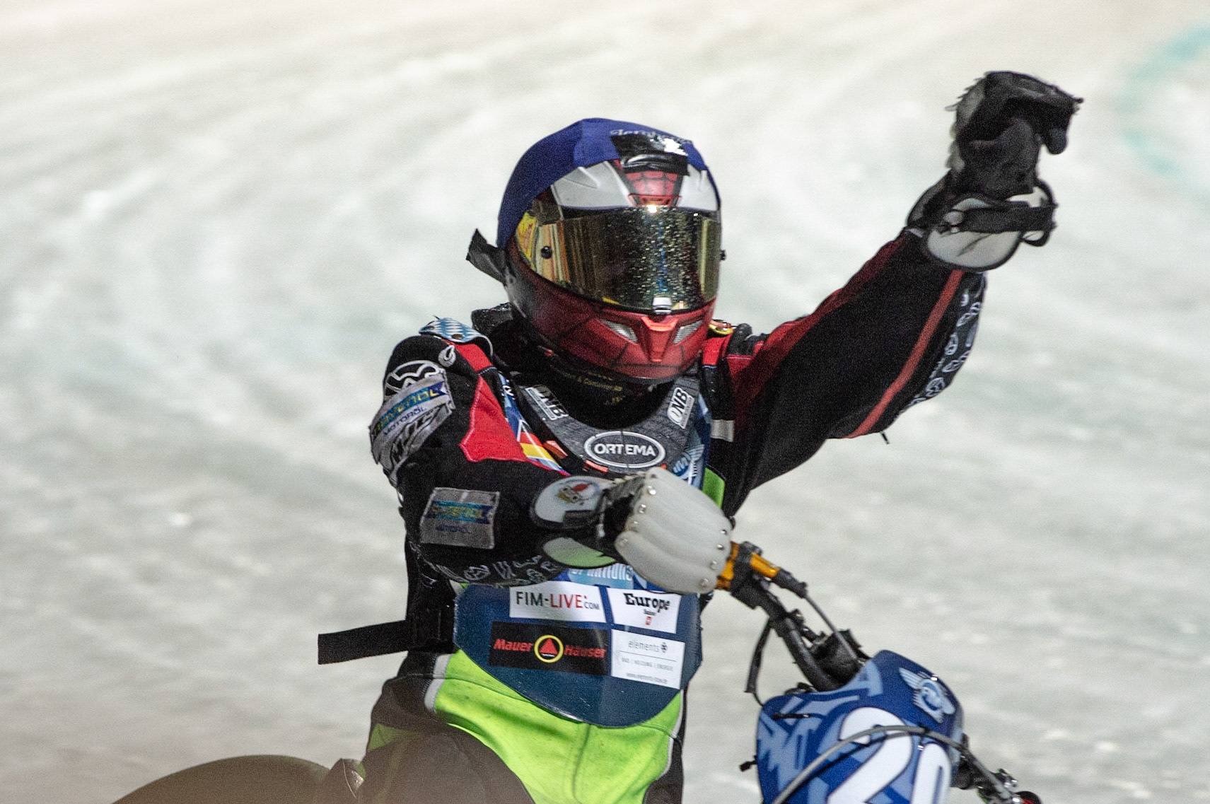 BERLIN GERMANY  - February 29  Johan Weber of Germany celebrates his win  during theIce Speedway of Nations (Day 1) at the Horst-Dohm-Eisstadion, Berlin,  on Saturday 29 February 2020. (Credit: Ian Charles | MI News)