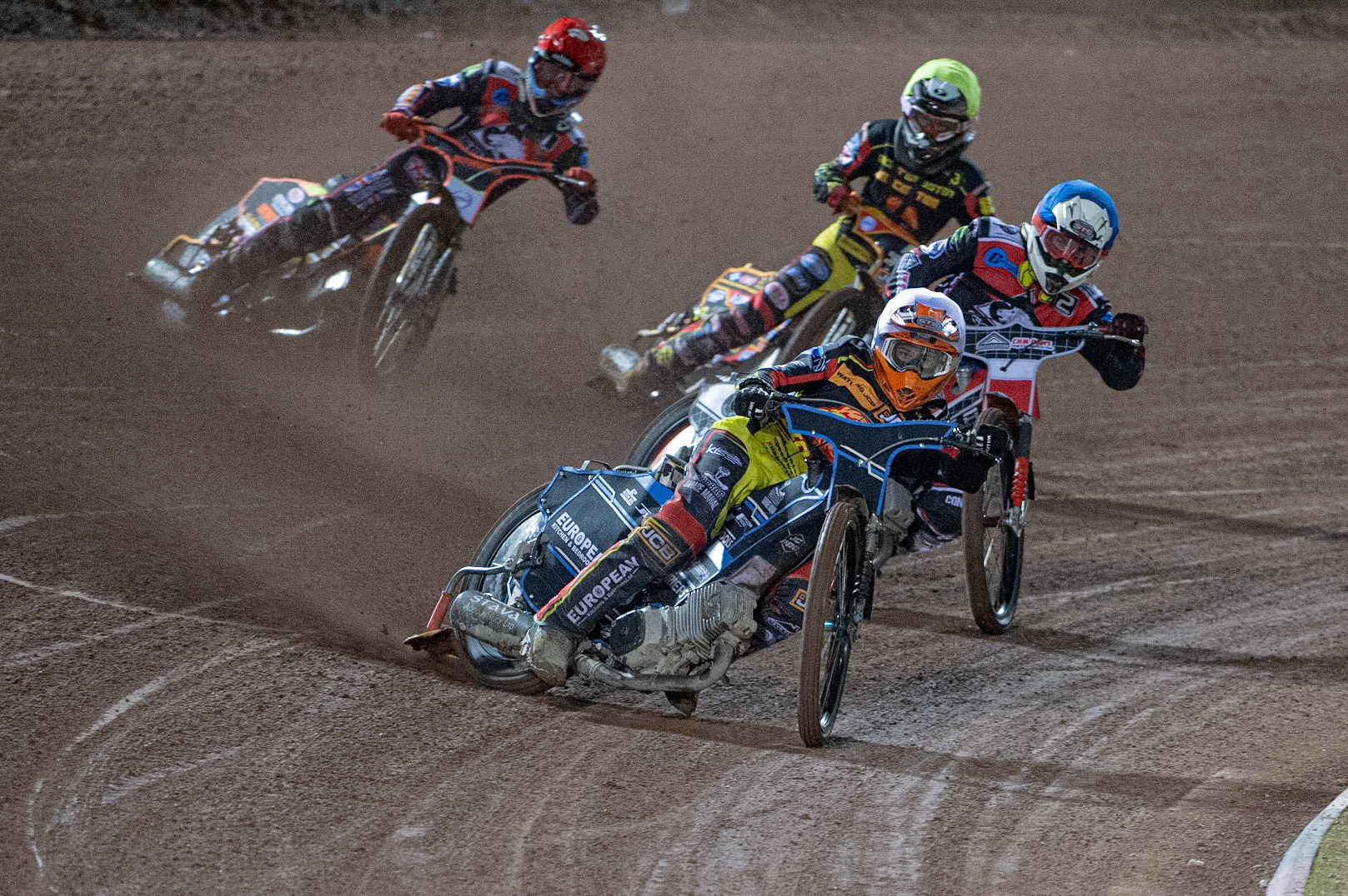 Photo: Ian Charles

Leicester Cubs  Ellis Perks  (White) leads Danny Phillips (Blue), Joe Thomson  (Yellow) and Jordan Palin  (Red)

Belle Vue Colts v Leicester Lion Cubs, SGB National League KO Cup Final (2nd Leg), Belle Vue National Speedway Stadium, Manchester, Tuesday 29  October  2019