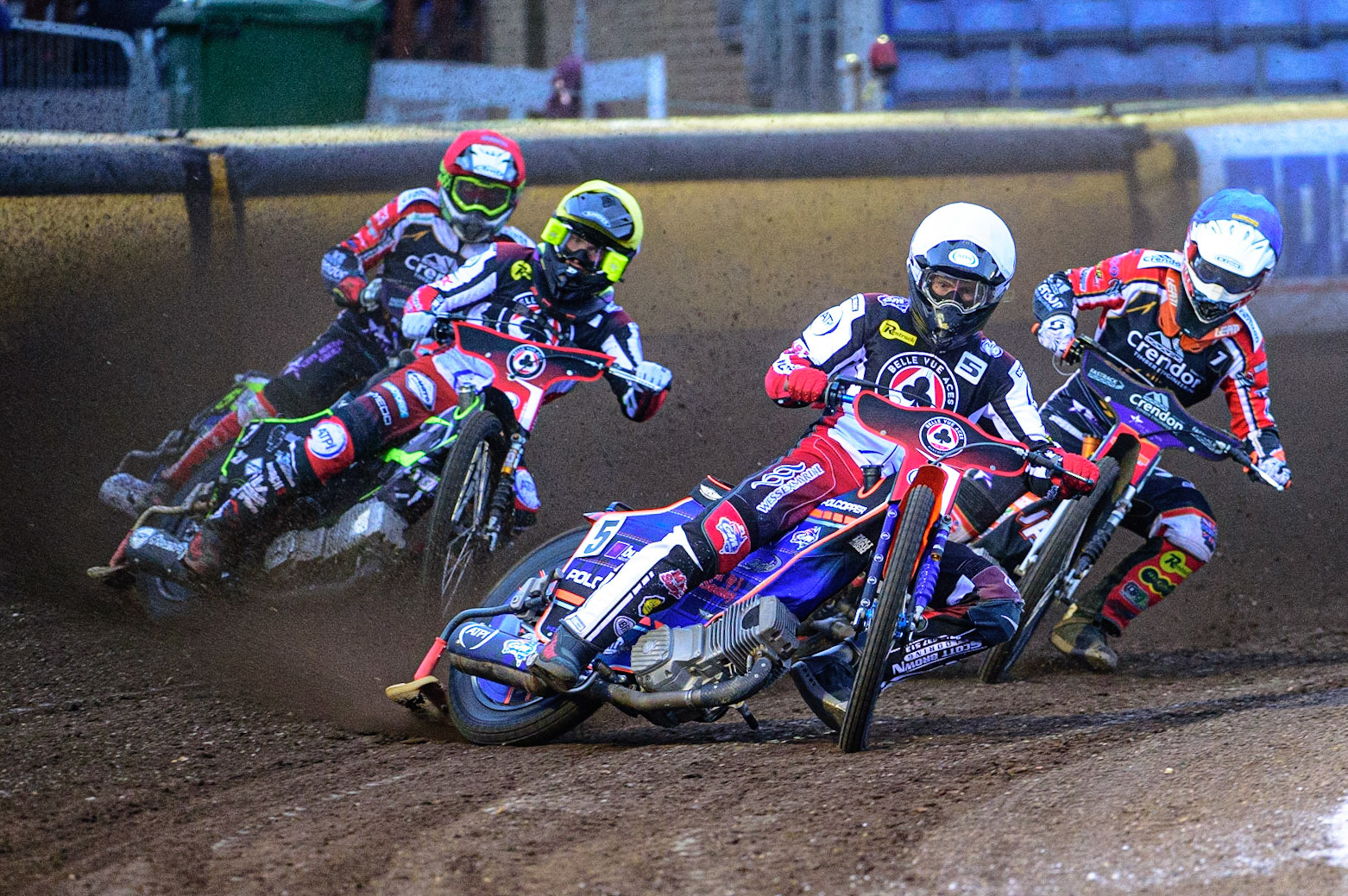 PETERBOROUGH, UK. MAY 9TH  Brady Kurtz  (White) leads Jordan Palin (Blue) Tom Brennan  (Yellow) and Chris Harris  (Red) during the SGB Premiership match between Peterborough Panthers and Belle Vue Aces at East of England Showground, Peterborough on Monday 9th May 2022. (Credit: Ian Charles | MI News)