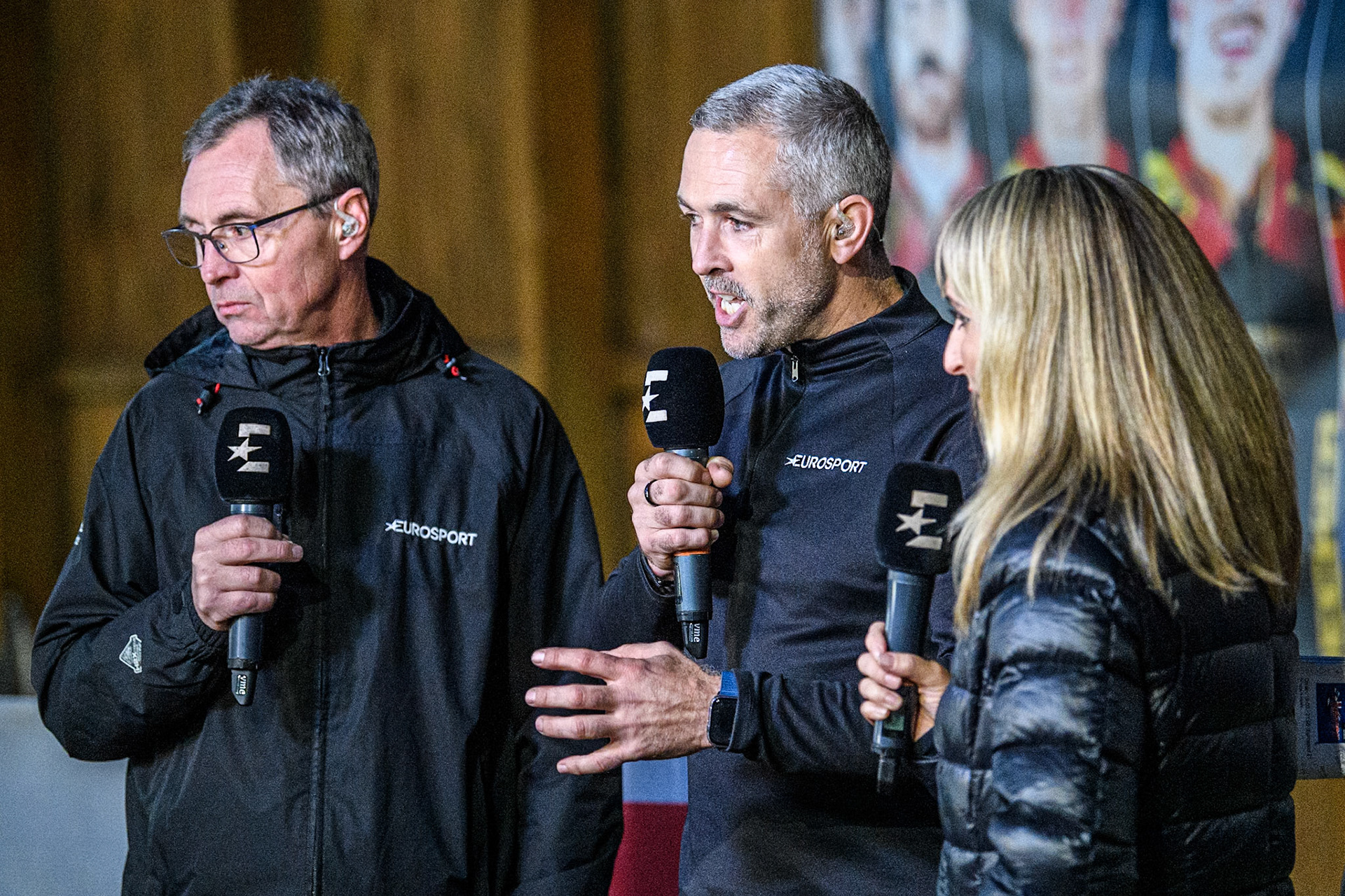 Eurosport presenting team (L to R) Kelvin Tatum, Scott Nicholls, Kiri Bloore during the Rowe Motor Oil Premiership Grand Final 2nd Leg between Leicester Lions and Belle Vue Aces at the Pidcock Motorcycles Arena, Leicester on Thursday 26th September 2024. (Photo: Ian Charles | MI News)