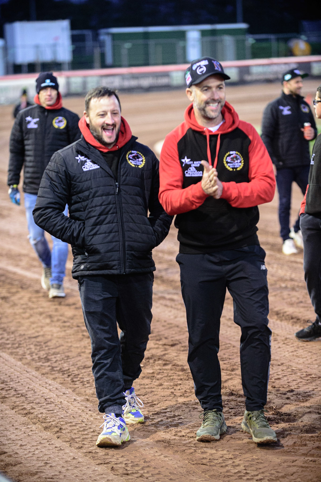 MANCHESTER, UK. OCT 11TH  Chris Harris  (left) and Scott Nicholls of Peterborough Crendon Panthers  on the track walk during the SGB Premiership Grand Final 1st Leg between Belle Vue Aces and Peterborough Panthers at the National Speedway Stadium, Manchester on Monday 11th October 2021. (Credit: Ian Charles | MI News)