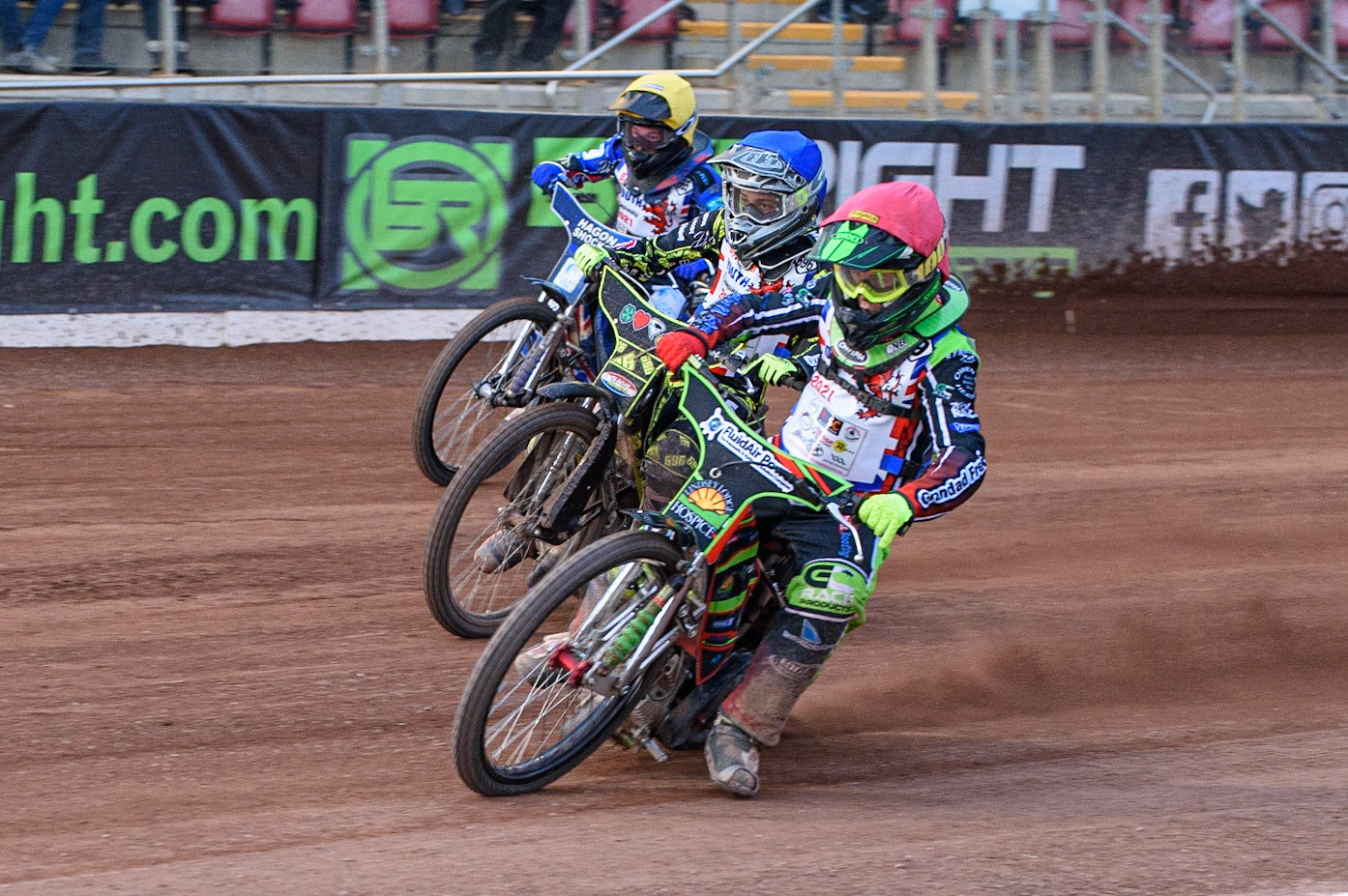 MANCHESTER, UK. MAY 28TH   250cc Final Re Run: Luke Harrison (Red) leads Ace Pijper (Blue) and Jody Scott (Yellow) during the British Junior Championship at the National Speedway Stadium, Manchester on Friday 28th May 2021. (Credit: Ian Charles | MI News)