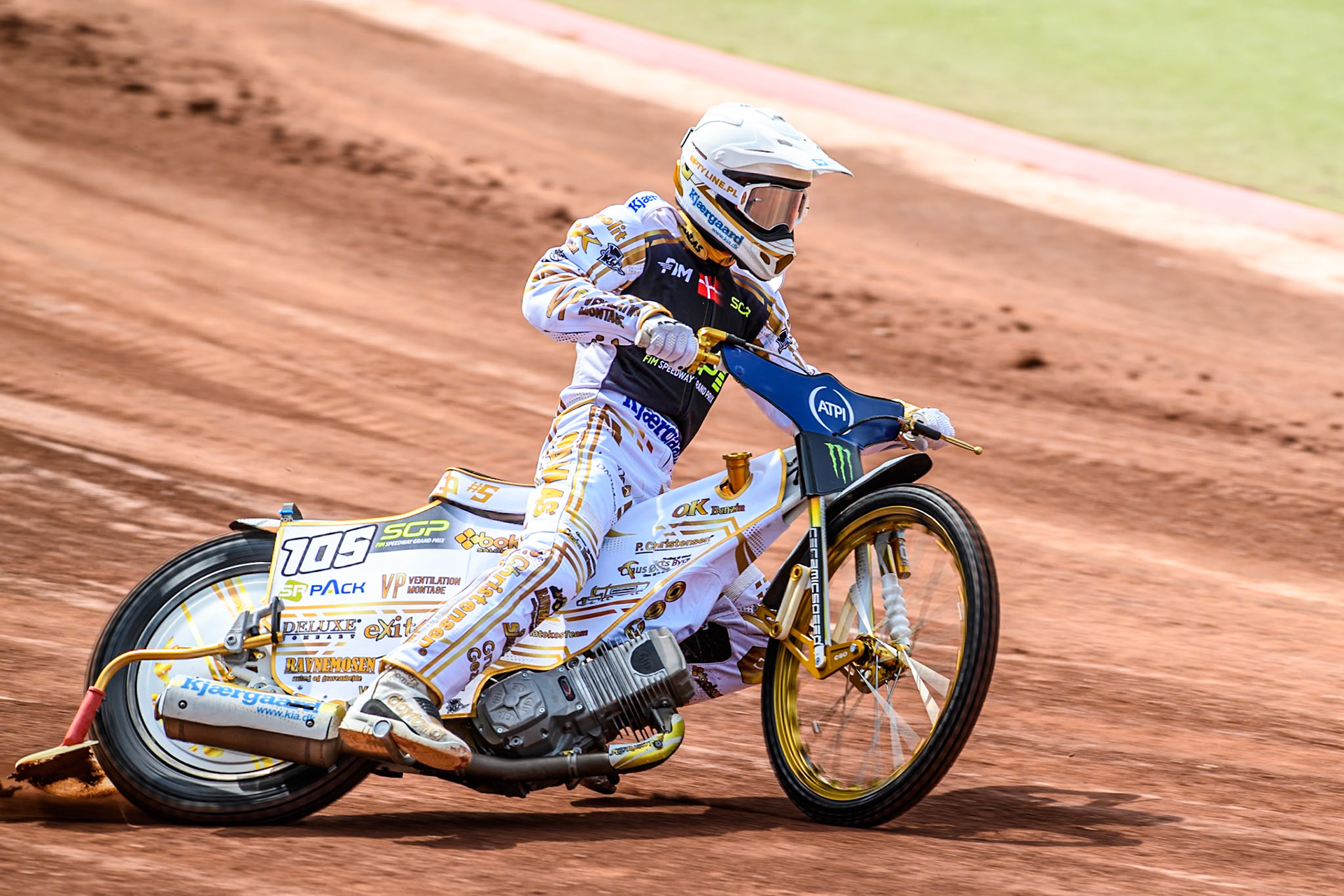 Anders Thomsen (105) of Denmark  in the qualifying session during the ATPI FIM Speedway Grand Prix Round 4 at the National Speedway Stadium, Manchester, on Friday 6th June 2025. (Photo: Ian Charles | MI News)