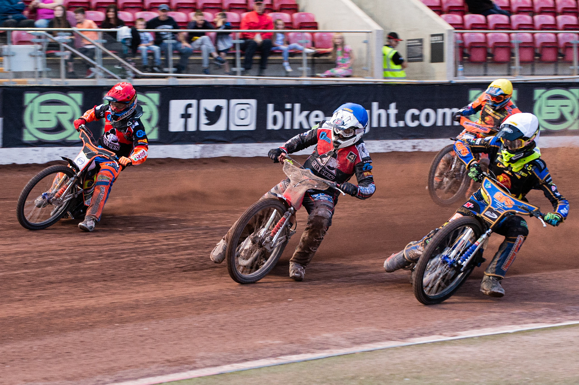 Photo: Ian Charles

Danny Phillips  (Blue) leads Jordan Palin  (Red) and Anders Rowe (White) with Josh Embleton  (Yellow) behind

Belle Vue Colts v Leicester Cubs, SGB National League, Belle Vue National Speedway Stadium, Manchester, Thursday 8  August  2019