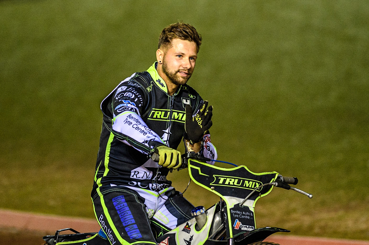 Danyon Hume on the pre meeting parade during the Sports Insure Premiership Semi Final Playoff 2nd leg match between Belle Vue Aces and Ipswich Witches at the National Speedway Stadium, Manchester on Monday 25th September 2023. (Photo: Ian Charles | MI News)