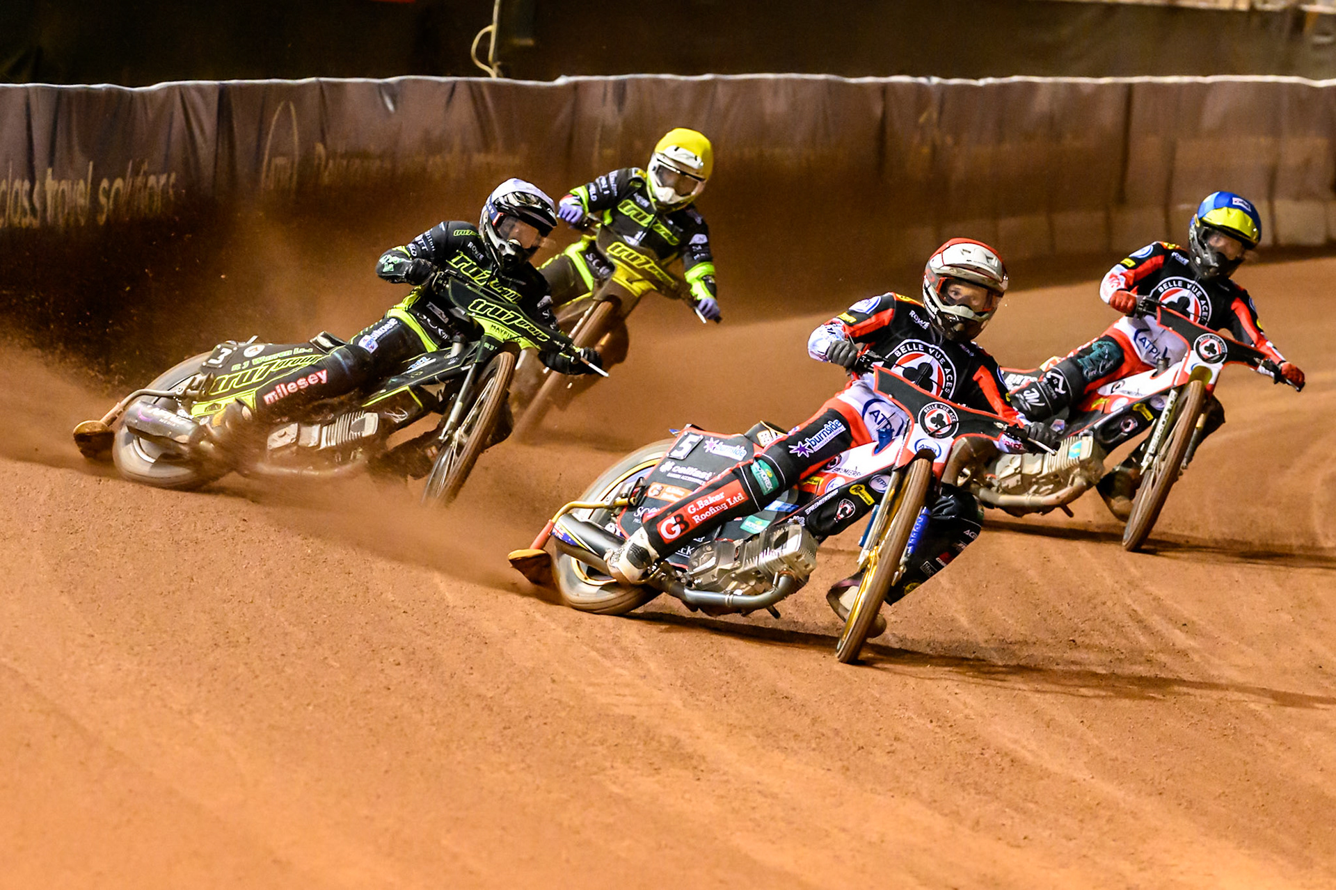 Jason Doyle of Belle Vue Aces  in Red leading Danny King of Ipswich Witches in White , Tate Zischke of Belle Vue Aces  in Blue  and Tom Brennan of Ipswich Witches in Yellow during the Rowe Motor Oil Premiership Play Off Semi Final 2nd leg match between Belle Vue Aces and Ipswich Witches at the National Speedway Stadium, Manchester on Monday 28th September 2026. (Photo: Ian Charles | MI News)