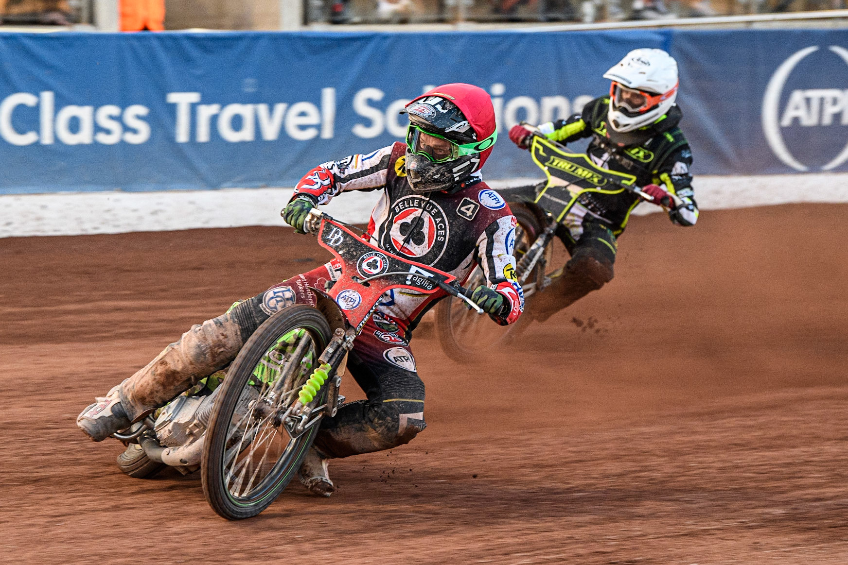 Charles Wright (Red) leads Keynan Rew (White) during the Sports Insure Premiership match between Belle Vue Aces and Ipswich Witches at the National Speedway Stadium, Manchester on Monday 5th June 2023. (Photo: Ian Charles | MI News)