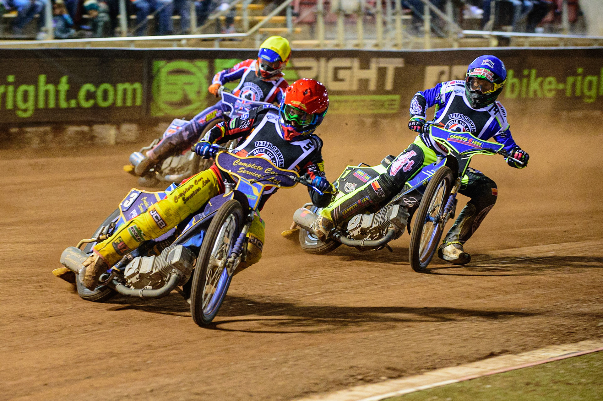 MANCHESTER, UK. OCT 23RD  Kyle Howarth  (Red) leads Nick Morris  (Blue) and Jordan Palin  (Yellow) during the Peter Craven Memorial Trophy event at the National Speedway Stadium, Manchester on Saturday 23rd October 2021. (Credit: Ian Charles | MI News)