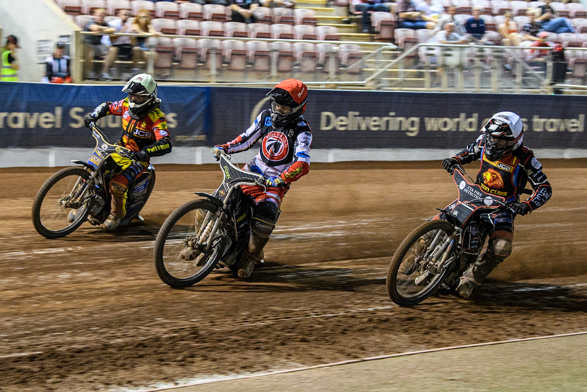 during the National Development League match between Belle Vue Colts and Leicester Lion Cubs at the National Speedway Stadium, Manchester on Friday 8th September 2023. (Photo: Ian Charles | MI News)Matt Marson (Red) leads  Ben Morley (White) and Joe Thompson (Yellow)