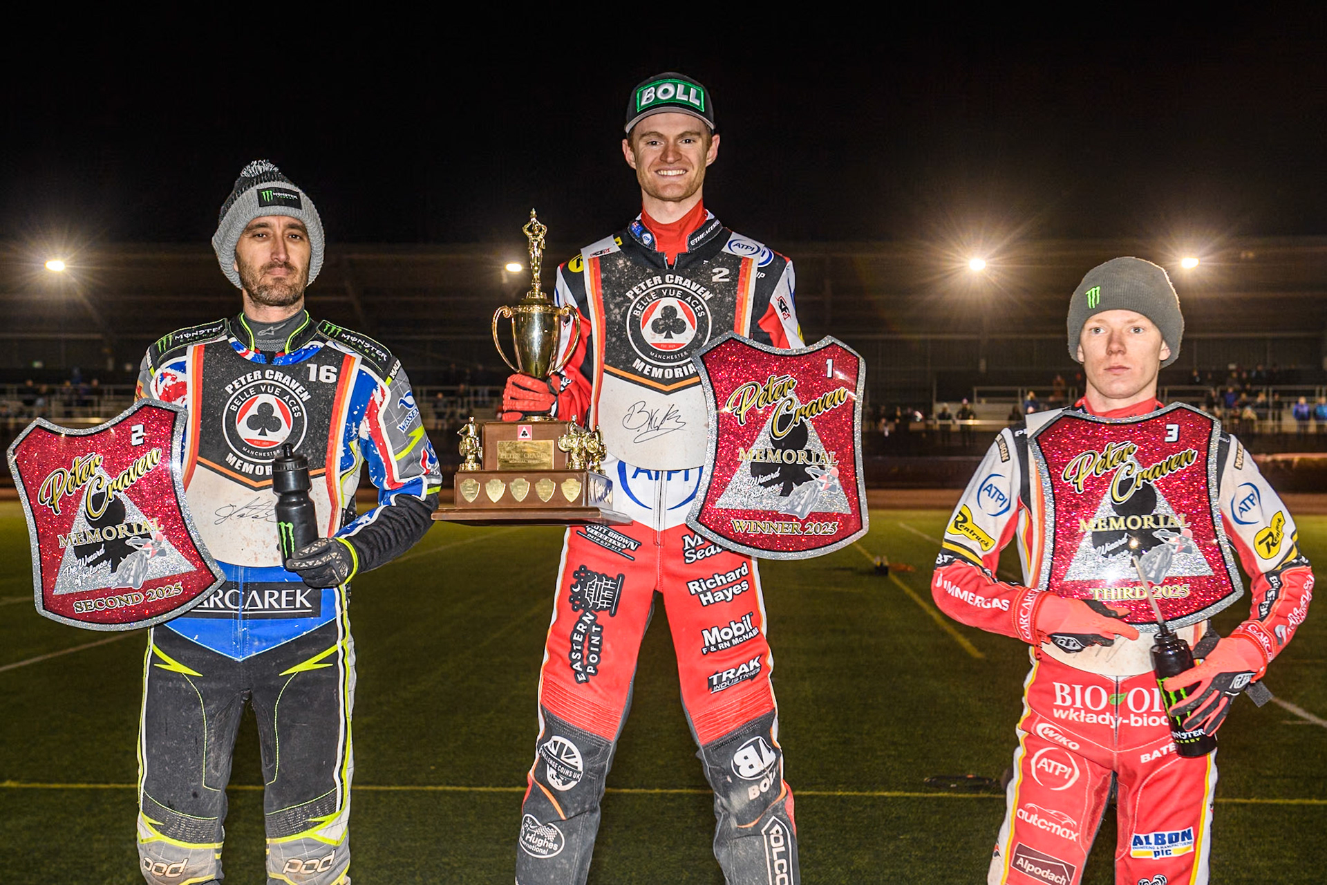Top 3: (L to R) Chris Holder (2nd), Brady Kurtz (Winner) and Dan Bewley 3rd during the Peter Craven Memorial Trophy at the National Speedway Stadium, Manchester on Monday 17th March 2025. (Photo: Ian Charles | MI News)