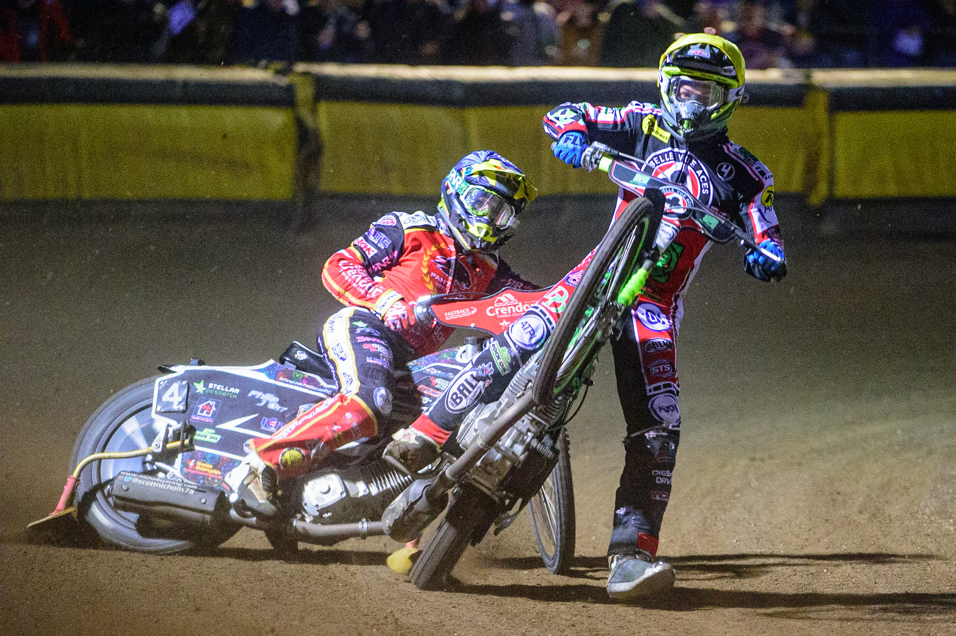 PETERBOROUGH, UK. OCT 14TH Charles Wright  (Yellow) \rears in front of Scott Nicholls  (Blue) during the SGB Premiership Grand Final 2nd leg between Peterborough and Belle Vue Aces at East of England Showground, Peterborough on Thursday 14th October 2021. (Credit: Ian Charles | MI News)