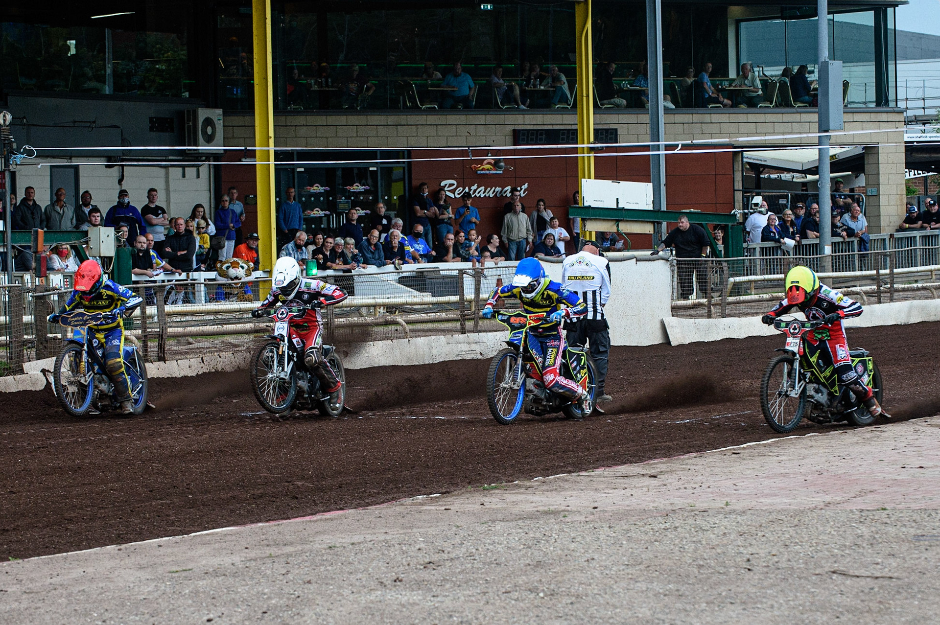 SHEFFIELD, UK. JULY 1ST     Heat 8 start: (l-r) Kyle Howarth  (Red), Richie Worrall  (White), Anders Rowe  (Blue) and Jye Etheridge  (Yellow) during the SGB Premiership match between Sheffield Tigers and Belle Vue Aces at Owlerton Stadium, Sheffield on Thursday 1st July 2021. (Credit: Ian Charles | MI News)