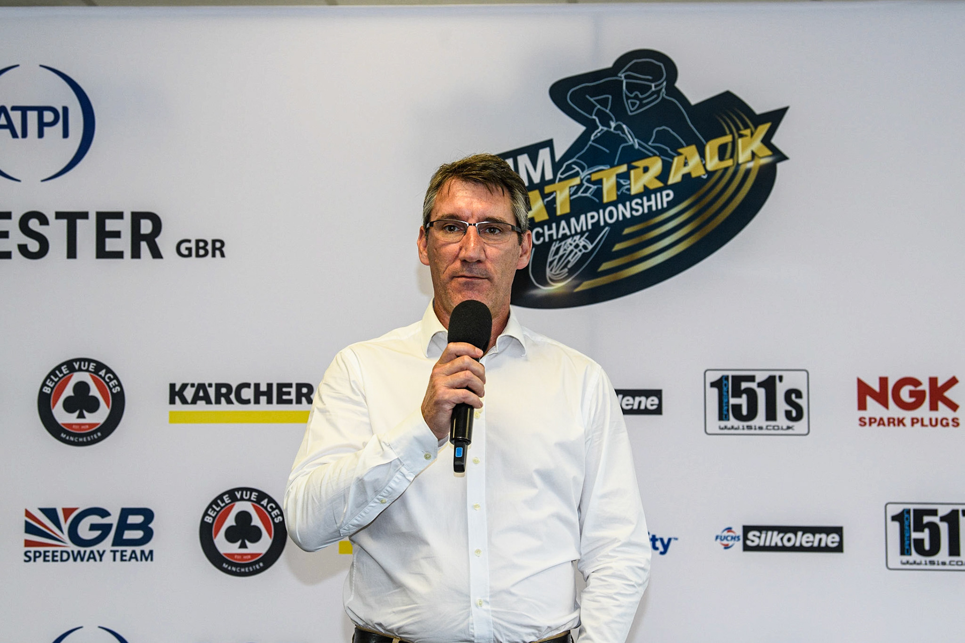 Belle Vue CEO Mark Lemon welcomes everyone to the FIM Press launch during the FIM Flat Track World Championship &amp; FIM Women's Speedway Academy Launch at the National Speedway Stadium, Manchester on Monday 3rd July 2023. (Photo: Ian Charles | MI News)