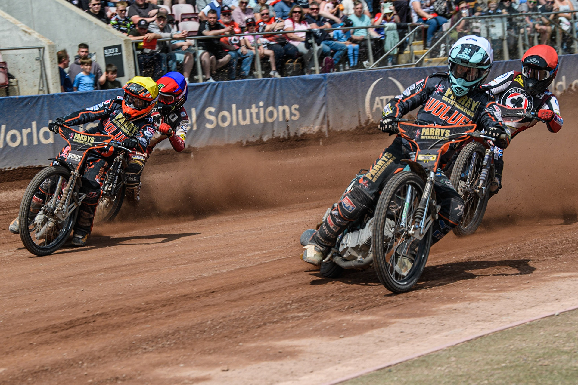 Super Heat: Ryan Douglas (White) and Luke Becker (Yellow) lead Brady Kurtz (Red) and Dan Bewley (Blue) during the Sports Insure Premiership match between Belle Vue Aces and Wolverhampton Wolves at the National Speedway Stadium, Manchester on Monday 29th May 2023. (Photo: Ian Charles | MI News)