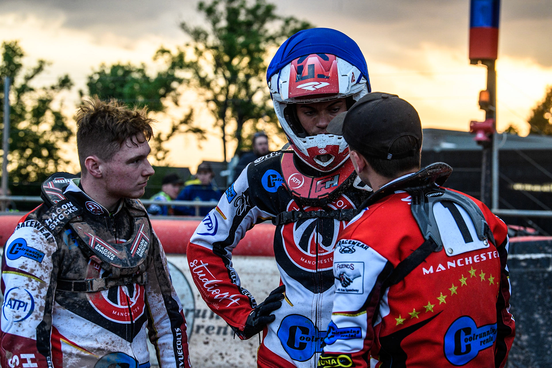 (l - r) Sam Hagon, Freddy Hodder and Jack Smith in conversation during the National Development League match between Belle Vue Colts and Mildenhall Fens Tigers at the National Speedway Stadium, Manchester on Friday 26th May 2023. (Photo: Ian Charles | MI News)