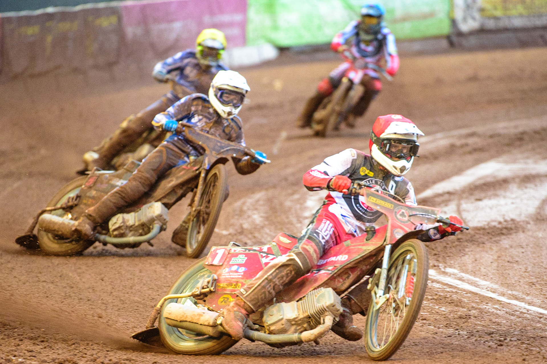 MANCHESTER, UK. MAY 16TH  Max Fricke  (Red) leads Josh Pickering  (White) Richie Worrall   (Yellow) and Norick Blödorn  (Blue) during the SGB Premiership match between Belle Vue Aces and King's Lynn Stars at the National Speedway Stadium, Manchester on Monday 16th May 2022. (Credit: Ian Charles | MI News)