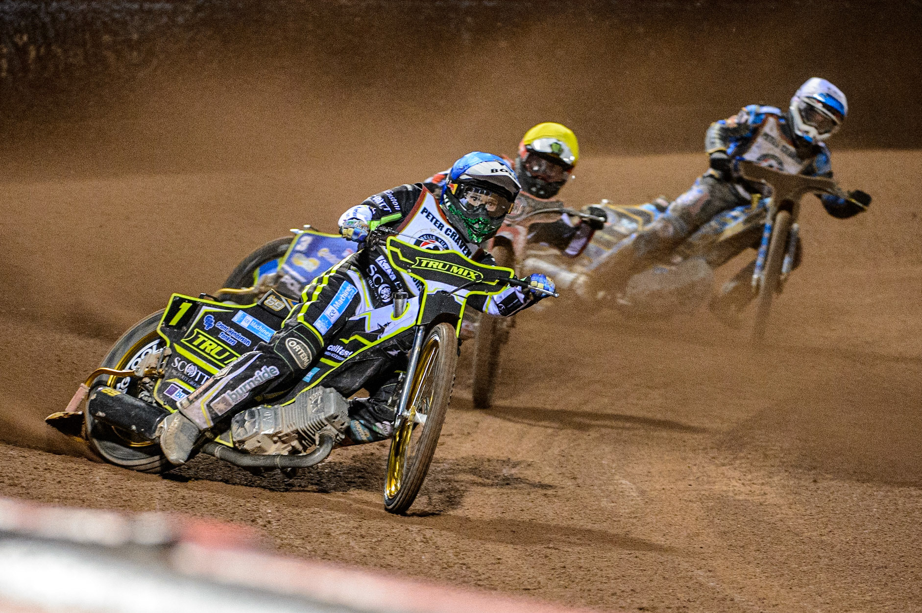 Jason Doyle  (Blue) leads Jaimon Lidsey  (Yellow) and Justin Sedgmen  (White) during the Peter Craven Memorial Trophy  at the National Speedway Stadium, Manchester on Monday 3rd April 2023. (Photo: Ian Charles | MI News)