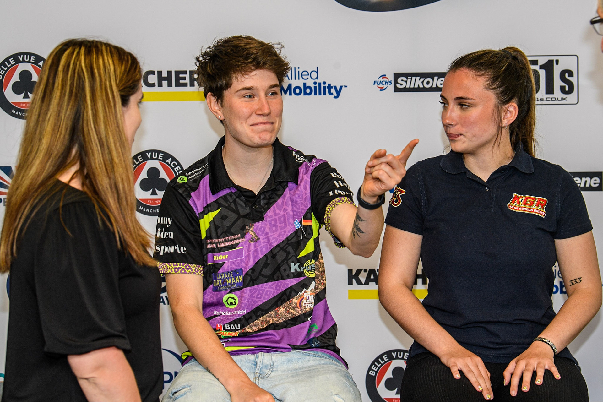 Women’s Speedway Riders Celina Liebmann (left) with Katie Gordon during the FIM Flat Track World Championship &amp; FIM Women's Speedway Academy Launch at the National Speedway Stadium, Manchester on Monday 3rd July 2023. (Photo: Ian Charles | MI News)