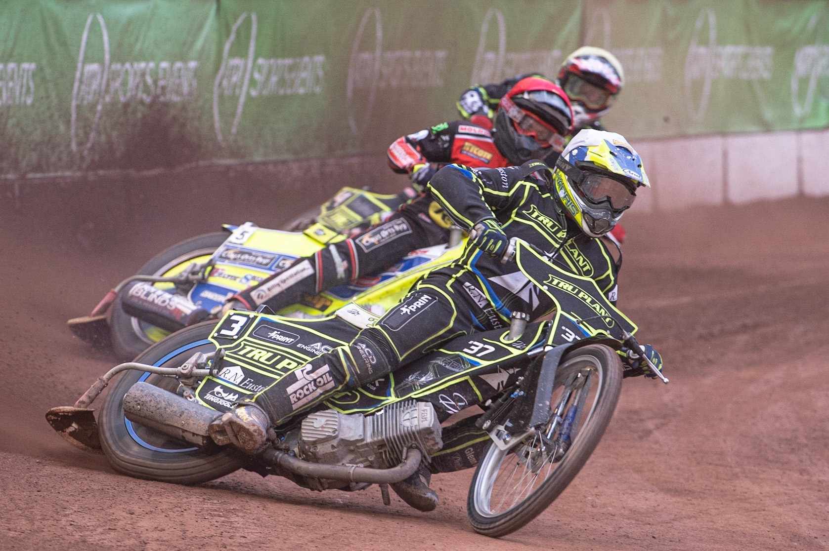 Photo: Ian Charles

Chris Harris  (White) leads Kenneth Bjerre (Red) and David Bellego  (Yellow)

Belle Vue Aces v Ipswich Witches, British Speedway Premiership, Belle Vue National Speedway Stadium, Manchester, Monday 3  June  2019