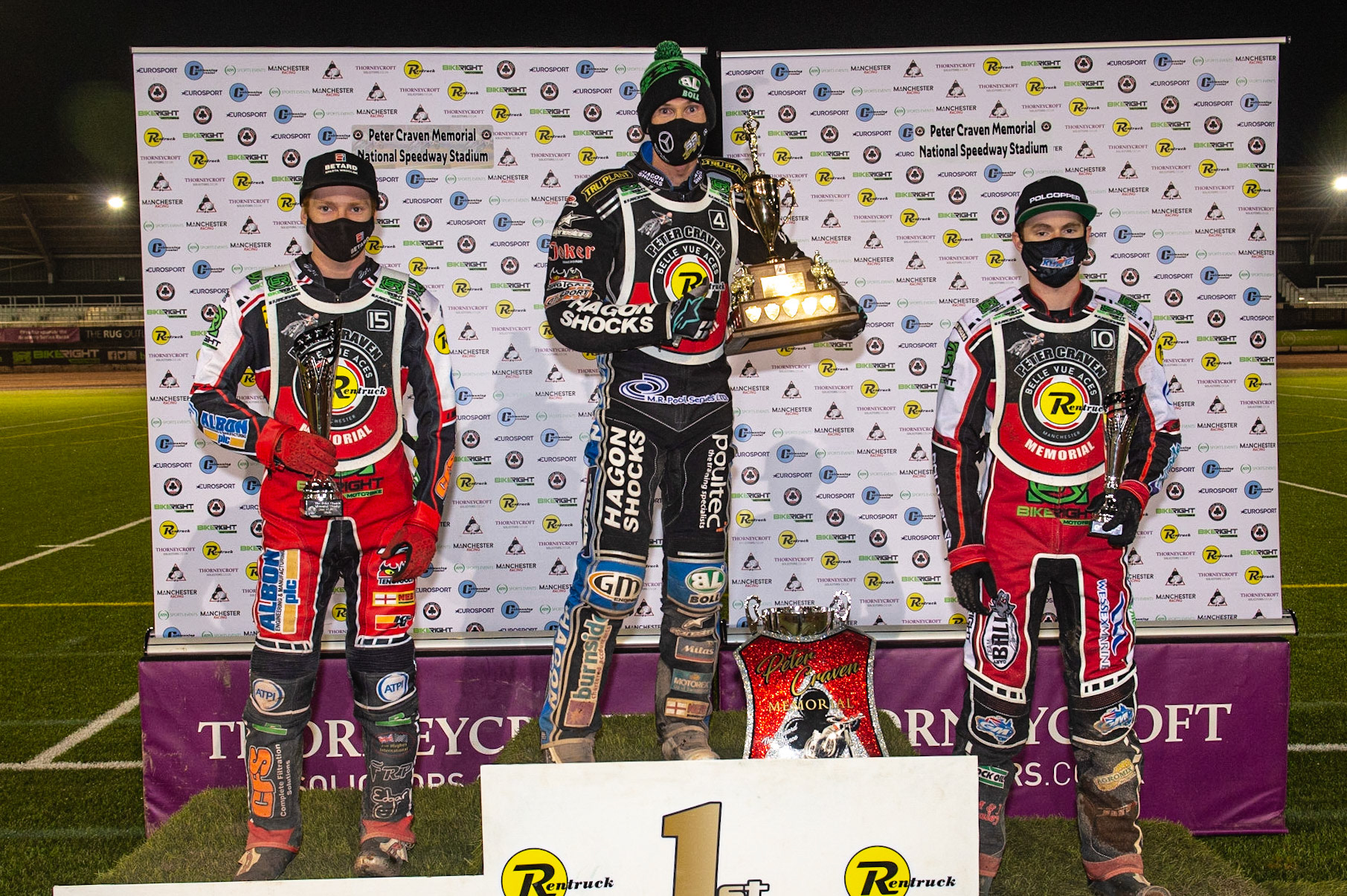 Photo: Ian CharlesThe Top 3: (l-r) Dan Bewley (2nd) Jason Doyle (Winner) Brady Kurtz (3rd)Peter Craven Memorial Trophy, National Speedway Stadium, Manchester Thursday  22  October  2020