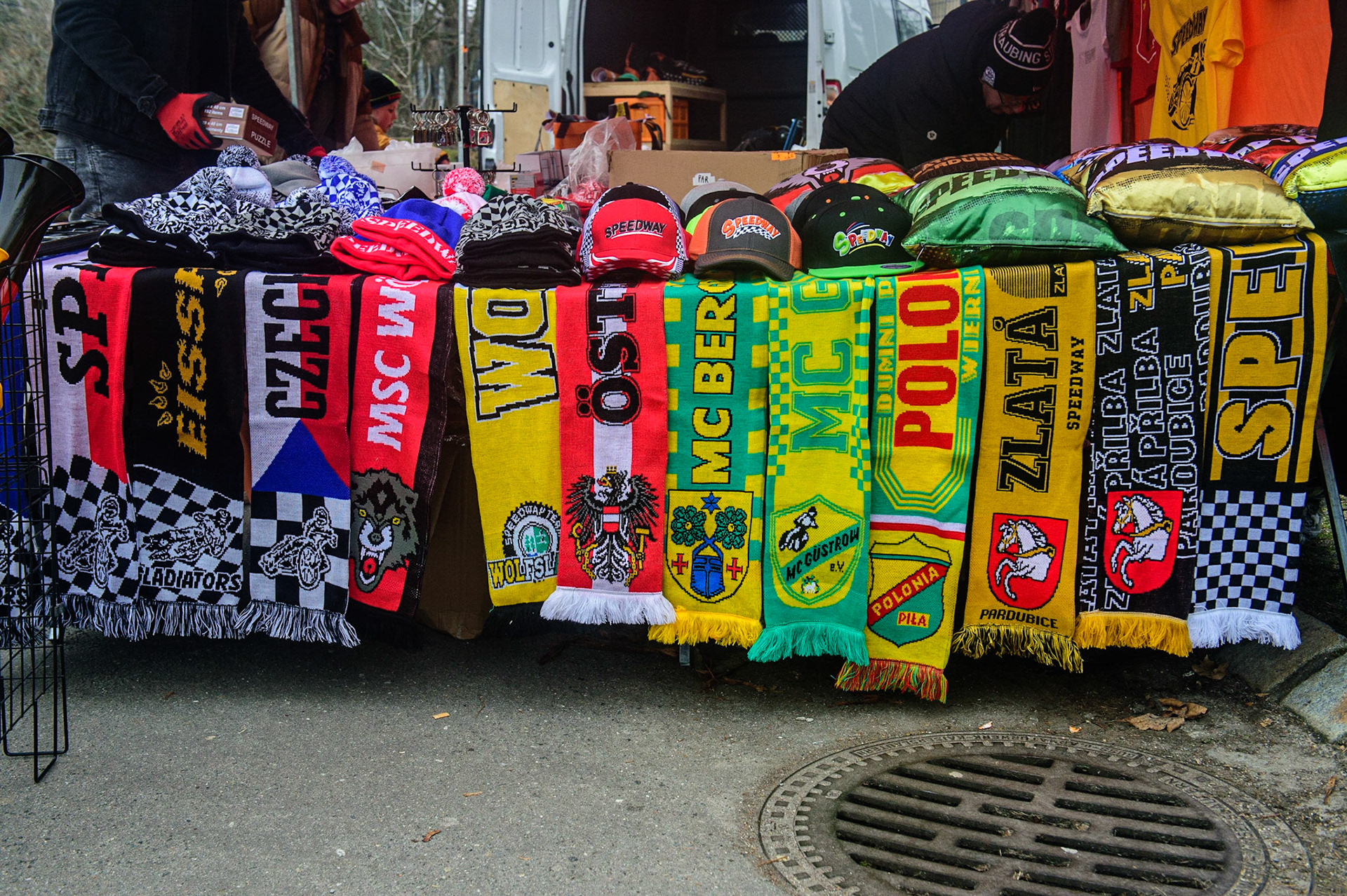 Scarves and hats on the mechanise stall during the German Individual Ice Speedway Championship at Horst-Dohm-Eisstadion, Berlin on Friday 3rd March 2023. (Photo: Ian Charles | MI News)