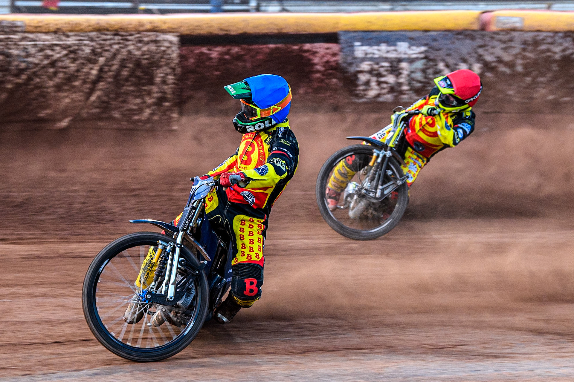 Birmingham Brummies' Piotr Pawlicki in Blue leading team mate Tom Brennan during the Rowe Motor Oil Premiership match between Birmingham Brummies and Belle Vue Aces at Perry Bar Stadium, Birmingham on Monday 29th July 2024. (Photo: Ian Charles | MI News)