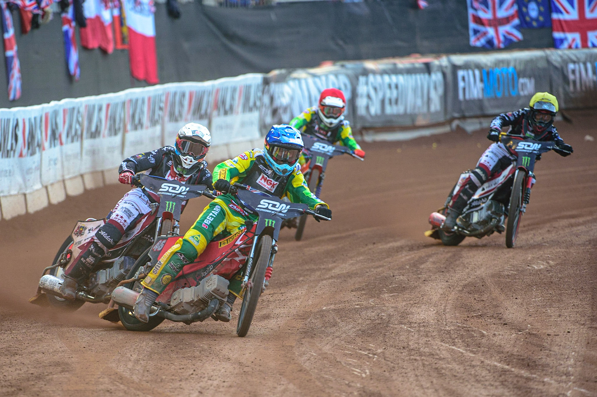 MANCHESTER, UK. OCT 16TH Max Fricke of Australia leads Andzejs Lebedevs of Latvia (White) and Olegs Mijailovs of Latvia (Yellow) with Keynan Rew of Australia (Red) behind during the Monster Energy FIM Speedway of Nations at the National Speedway Stadium, Manchester on Saturday  16th October 2021. (Credit: Ian Charles | MI News)
