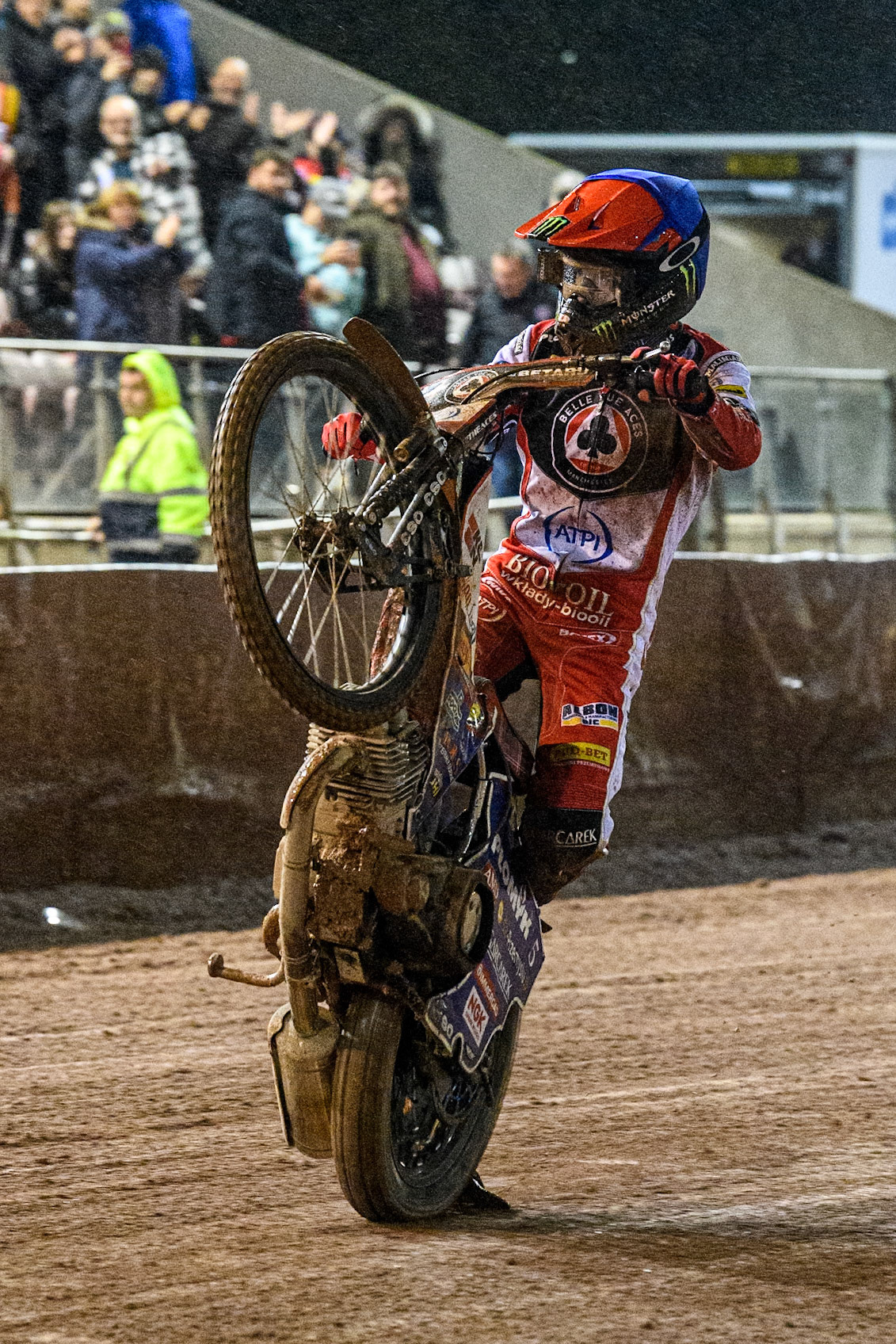 Belle Vue Aces' Dan Bewley  celebrates with a wheelie during the Rowe Motor Oil Premiership Grand Final 1st Leg between Belle Vue Aces and Leicester Lions at the National Speedway Stadium, Manchester on Monday 23rd September 2024. (Photo: Ian Charles | MI News)
