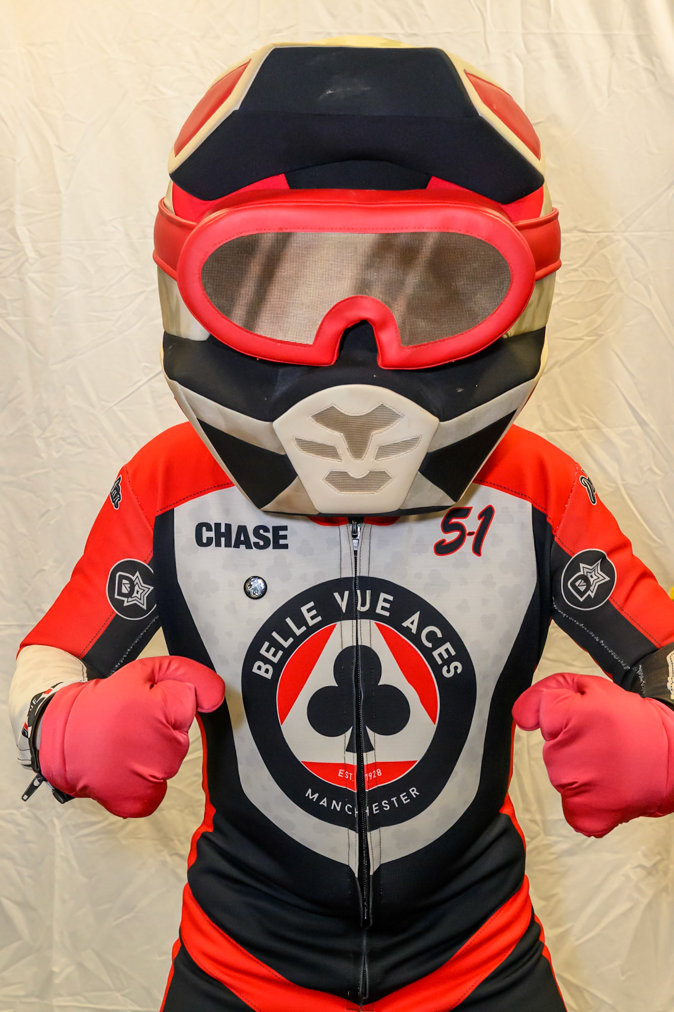 Belle Vue Mascot Chase The Aces during the Knockout Cup, Northern Section match between Belle Vue Aces and Sheffield Tigers at the National Speedway Stadium, Manchester on Monday 30th March 2026. (Photo: Ian Charles | MI News)