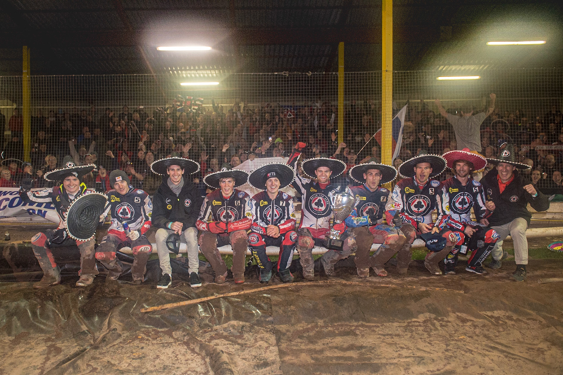 The Belle Vue ATPI Aces celebrate with their fans during the SGB Premiership Grand Final 2nd Leg between Sheffield Tigers and Belle Vue Aces at Owlerton Stadium, Sheffield on Thursday 13th October 2022. (Credit: Ian Charles | MI News)