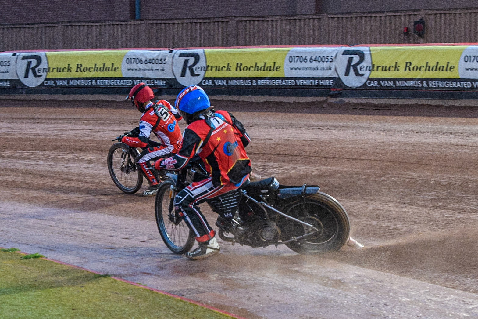 Belle Vue Colts' Harry McGurk  chases team mate Belle Vue Colts' Freddy Hodder  during the WSRA National Development League match between Belle Vue Colts and Oxford Chargers at the National Speedway Stadium, Manchester on Friday 2nd August 2024. (Photo: Ian Charles | MI News)