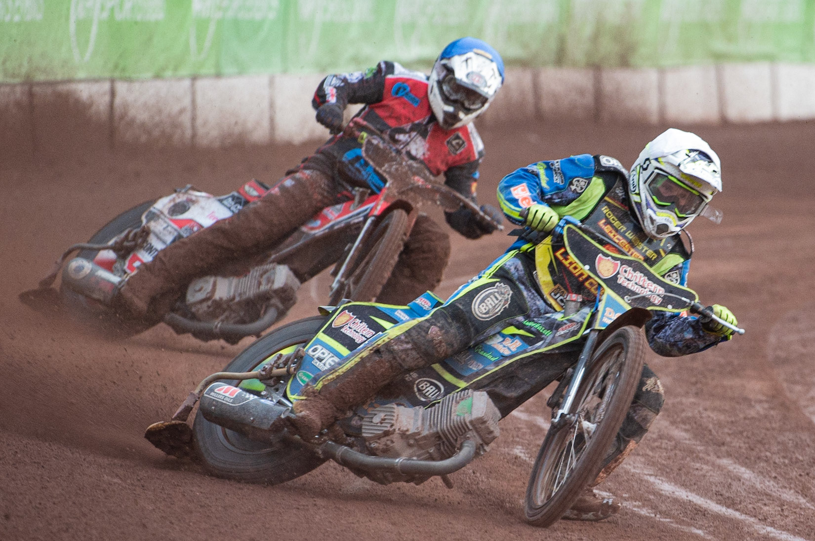 Photo: Ian Charles

Danyon Hume  (White) leads Danny Phillips  (Blue)

Belle Vue Colts v Leicester Cubs, SGB National League, Belle Vue National Speedway Stadium, Manchester, Thursday 8  August  2019