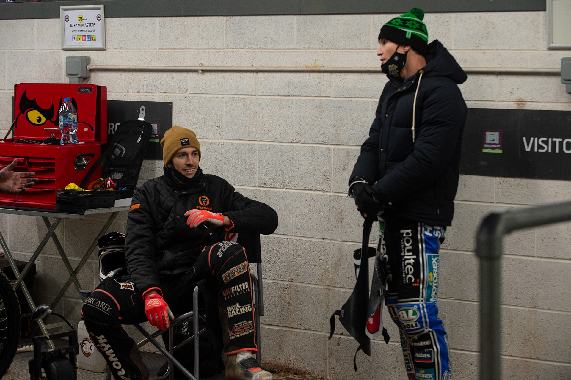 Photo: Ian CharlesSam Masters (left) chats with Jason Doyle before the meetingPeter Craven Memorial Trophy, National Speedway Stadium, Manchester Thursday  22  October  2020