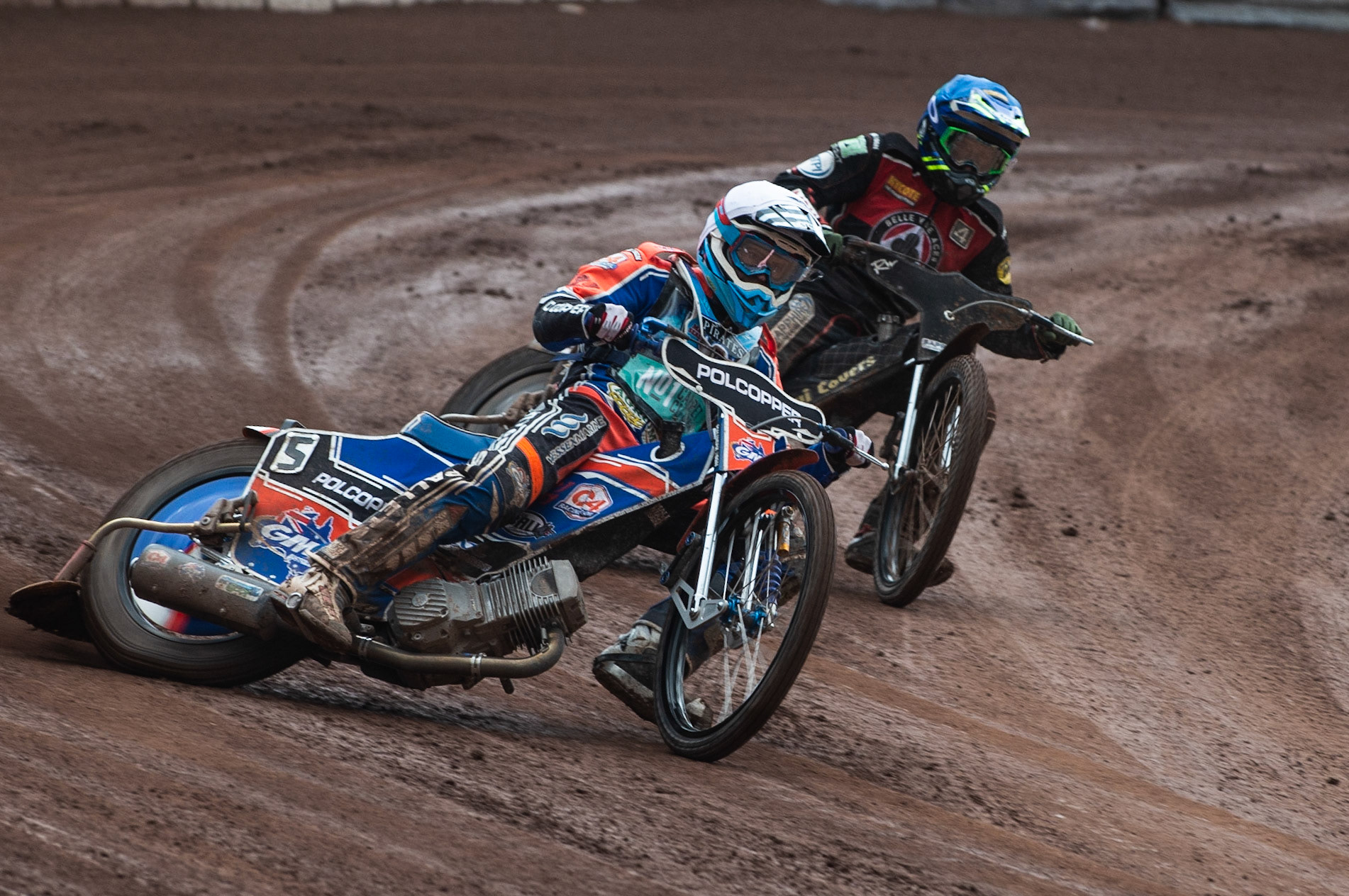 Photo by Ian Charles

Brady Kurtz  (White) leads Ricky Wells  (Blue)

Belle Vue Aces v Poole Pirates, British Speedway Premiership, Belle Vue National Speedway Stadium, Manchester, Monday 6  May  2019