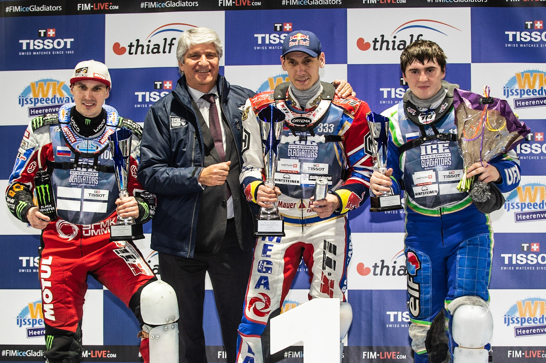 Photo: Ian Charles

Saturday’s Top 3:  (l-r) Dmitri Koltakov (2nd), FIM President Jorge Viegas, Danil Ivanov (1st), Dinar Valeev (3rd)

FIM Ice Speedway Gladiators World Championship, Event 5.1, Ice Rink Thialf, Heerenveen, Netherlands Saturday  30  March  2019