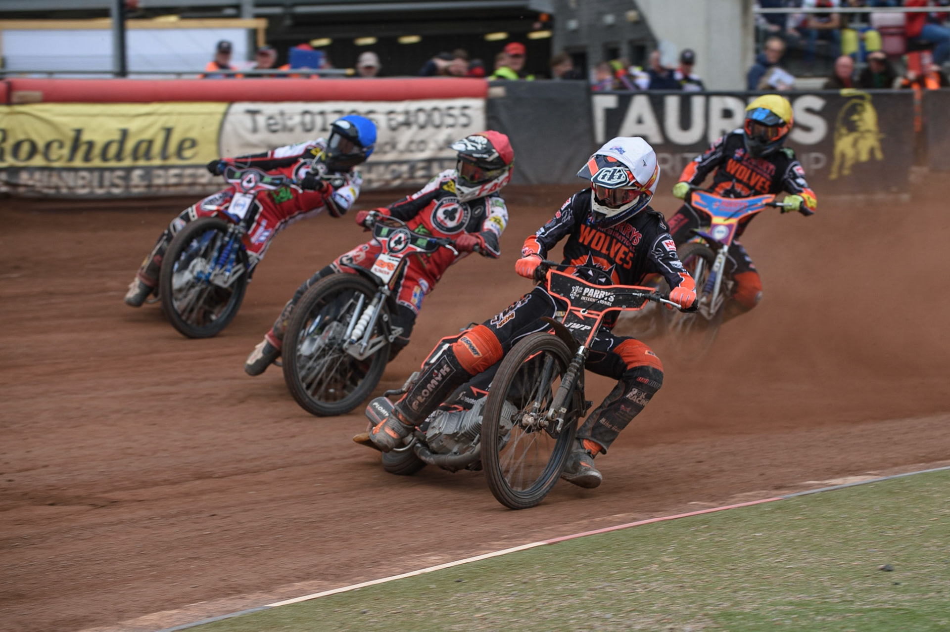 MANCHESTER, UK. AUGUST 30TH Sam Masters  (White) inside Dan Bewley  (Red) Brady Kurtz  (Blue) with Rory Schlein  (Yellow) behind during the SGB Premiership match between Belle Vue Aces and Wolverhampton Wolves at the National Speedway Stadium, Manchester on Monday 30th August 2021. (Credit: Ian Charles | MI News)