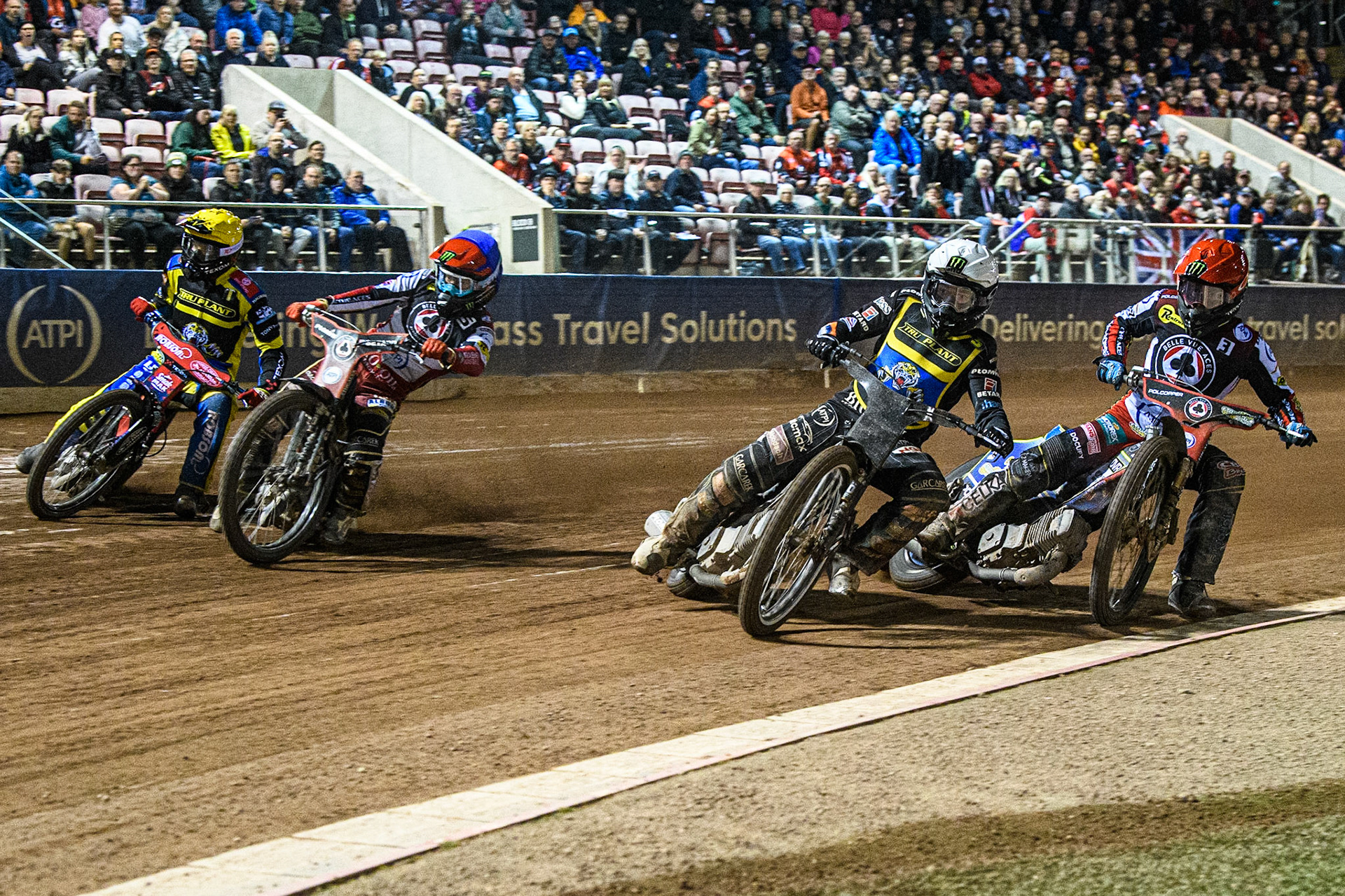 Tai Woffinden (White) (left) Jaimon Lidsey (Red), Dan Bewley (Blue) and Tobiasz Musielak (Yellow) during the Sports Insure Premiership match between Belle Vue Aces and Sheffield Tigers at the National Speedway Stadium, Manchester on Monday 7th August 2023. (Photo: Ian Charles | MI News)