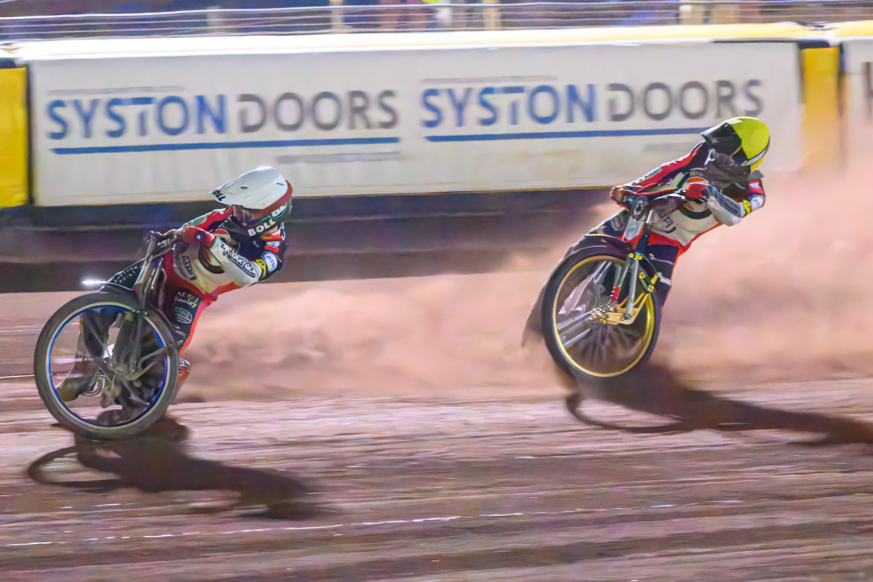 Brady Kurtz of Belle Vue Aces in White leading team mate Norick Blodorn of Belle Vue Aces  in Yellow during the Rowe Motor Oil Premiership match between Leicester Lions and Belle Vue Aces at the Hydroscan Arena, Leicester on Monday 7th September 2026. (Photo: Ian Charles | MI News)