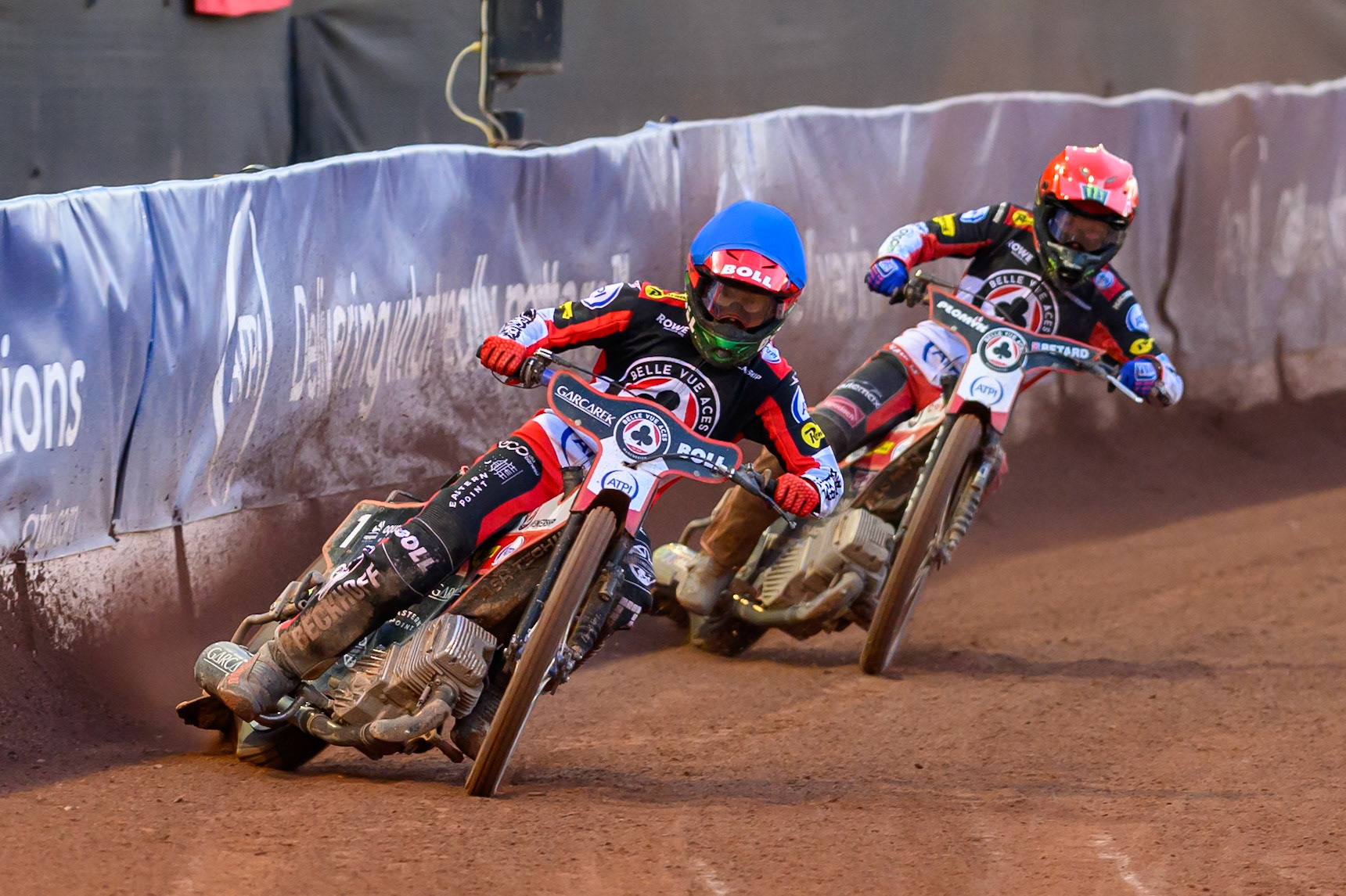 Brady Kurtz of Belle Vue Aces  in Blue leading Dan Bewley of Belle Vue Aces  in Red during the Rowe Motor Oil Premiership match between Belle Vue Aces and Ipswich Witches at the National Speedway Stadium, Manchester on Monday 20th April 2026. (Photo: Ian Charles | MI News)