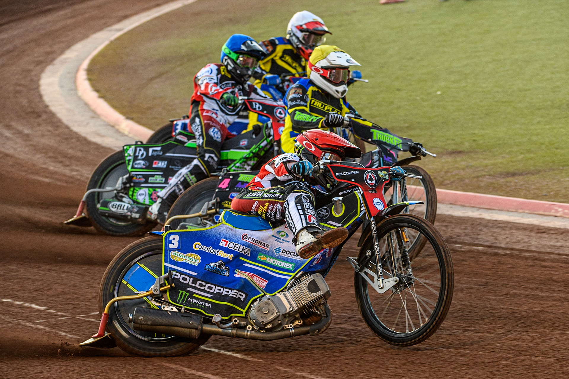 Jaimon Lidsey (Red) outside Josh Pickering (Yellow), Charles Wright (Blue) and Adam Ellis (White) during the Sports Insure Premiership match between Belle Vue Aces and Sheffield Tigers at the National Speedway Stadium, Manchester on Monday 7th August 2023. (Photo: Ian Charles | MI News)