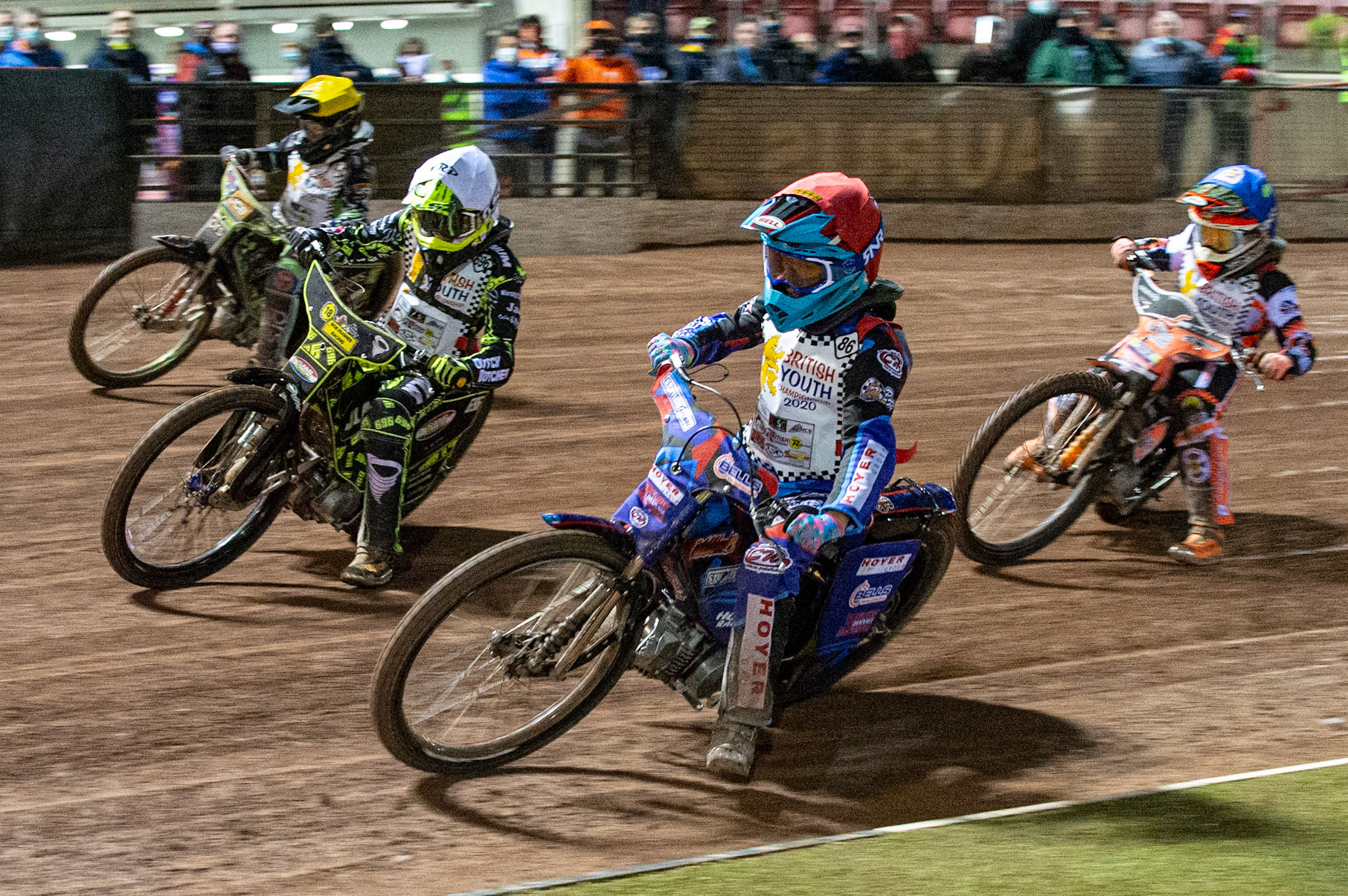 Photo: Ian Charles125 A Class Final:Sonny Springer (Red) inside Ace Pijper (White) and William Cairns (Yellow) with Ben Trigger (Blue) behindBritish Youth Speedway Championship (Round 5), National Speedway Stadium, Manchester Saturday  10  October  2020