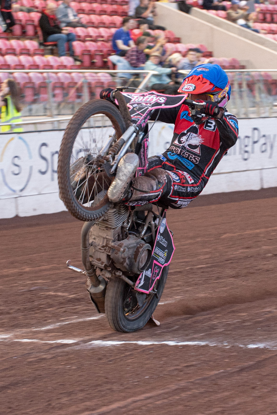 Photo: Ian Charles

Leon Flint pulls a wheelie 

Belle Vue Colts v Isle Of Wight Warriors, SGB National League KO Cup Quarter Final 1st Leg, Belle Vue National Speedway Stadium, Manchester, Monday 22  July  2019